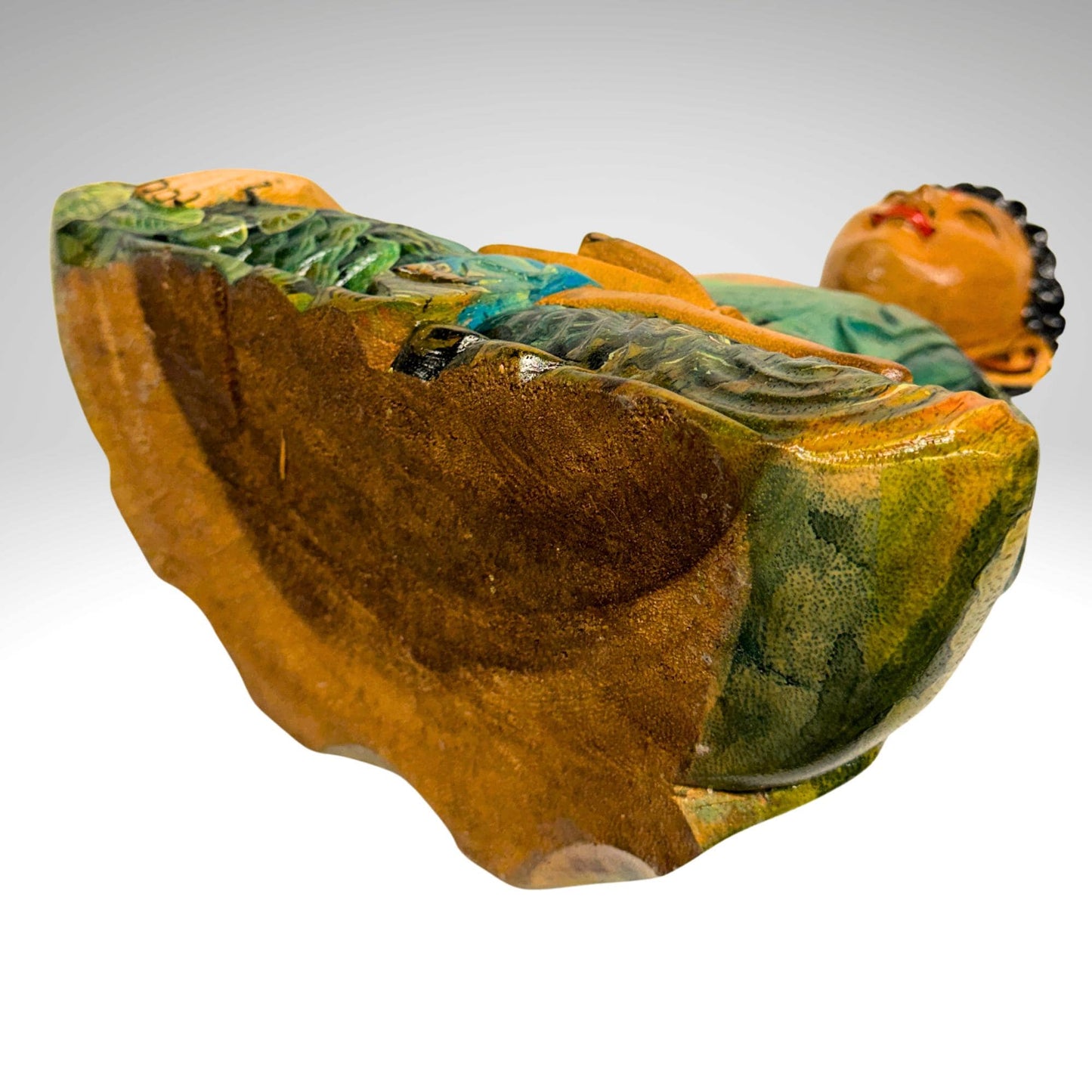 Hand Carved Meditating Buddha Wood Sculpture: Painted Bhumisparsha Mudra, Balinese Folk Art