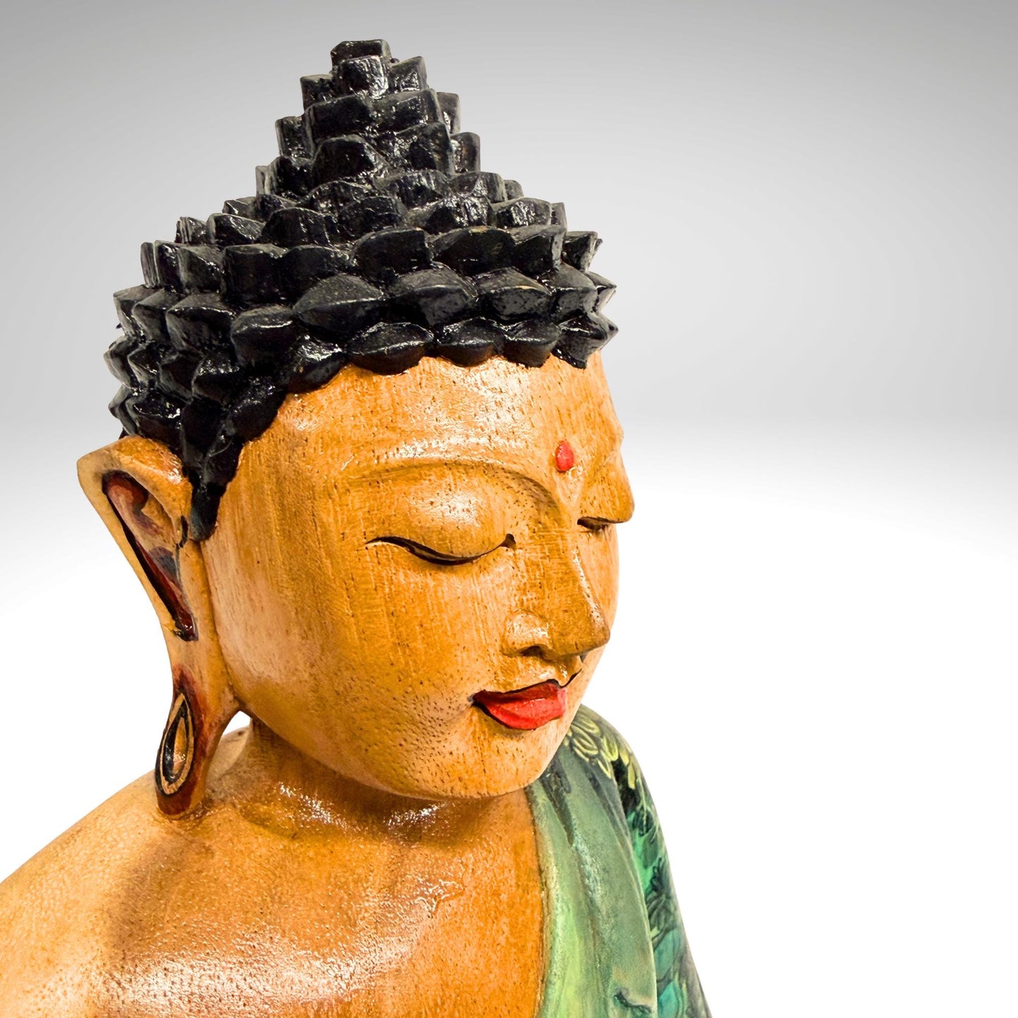Hand Carved Meditating Buddha Wood Sculpture: Painted Bhumisparsha Mudra, Balinese Folk Art