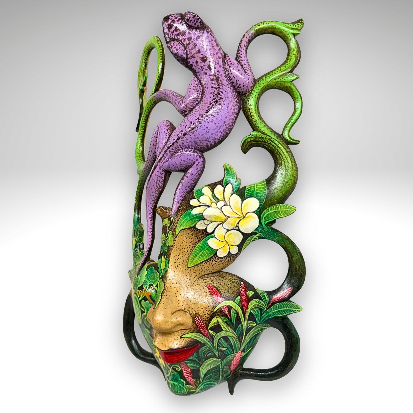 Balinese Carved Mask, Purple Gecko Goddess, Hand Painted Wood Carving Bali Wall Decor Art