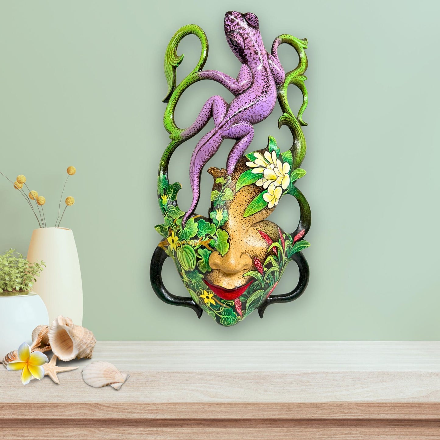 Balinese Carved Mask, Purple Gecko Goddess, Hand Painted Wood Carving Bali Wall Decor Art