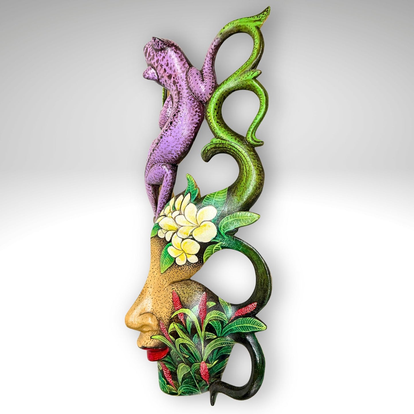 Balinese Carved Mask, Purple Gecko Goddess, Hand Painted Wood Carving Bali Wall Decor Art