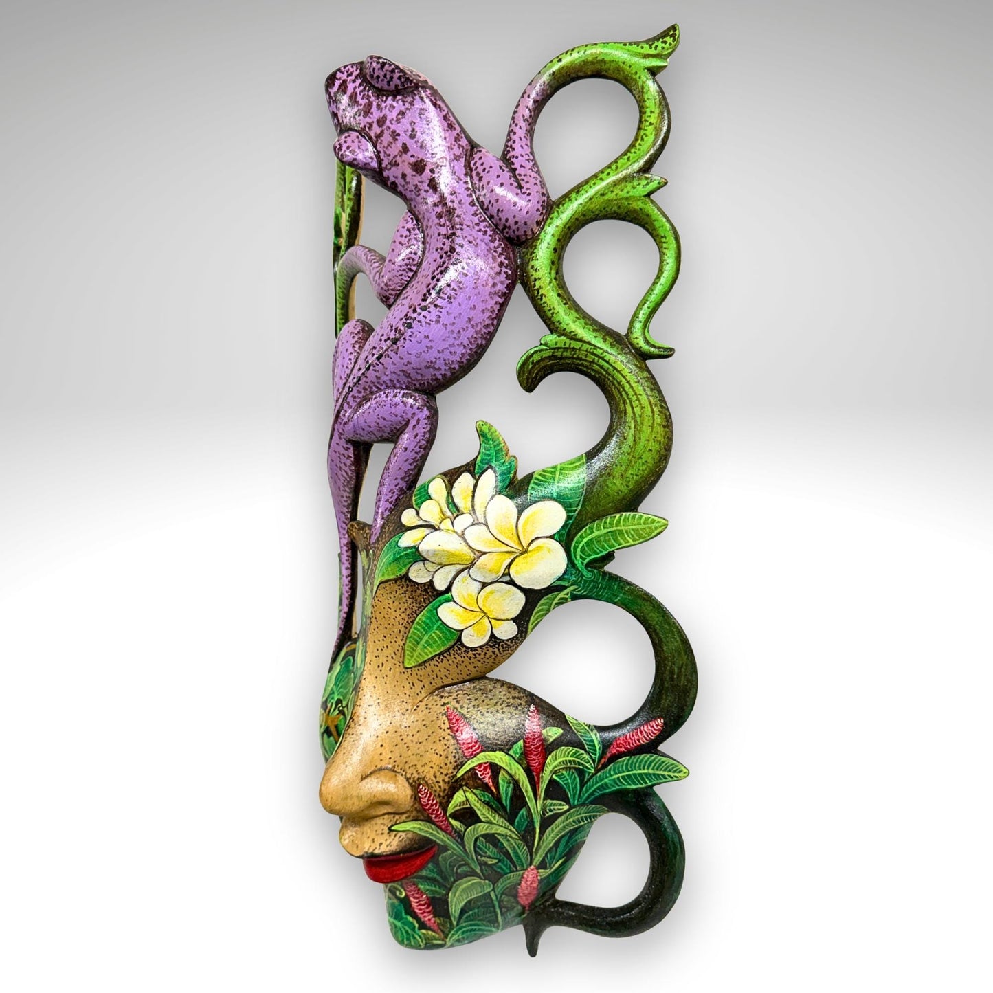 Balinese Carved Mask, Purple Gecko Goddess, Hand Painted Wood Carving Bali Wall Decor Art