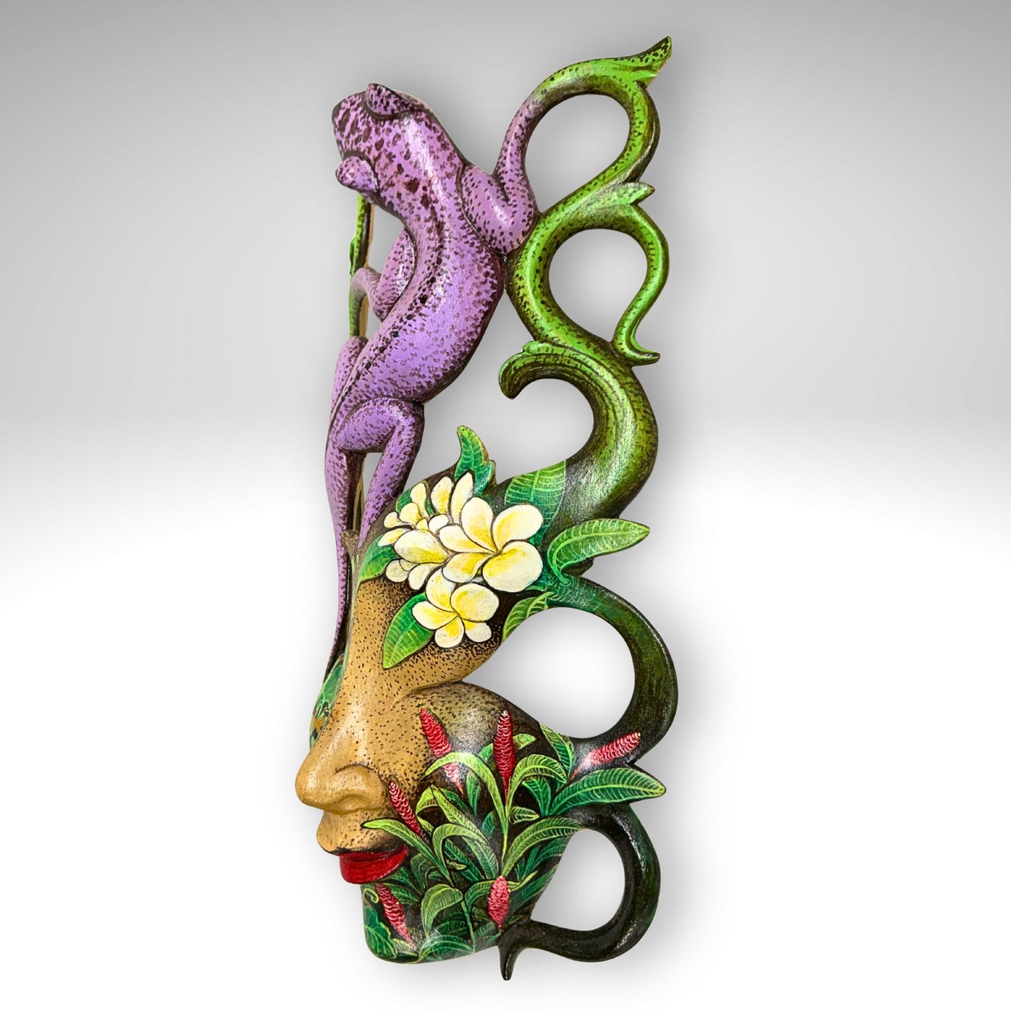 Balinese Carved Mask, Purple Gecko Goddess, Hand Painted Wood Carving Bali Wall Decor Art