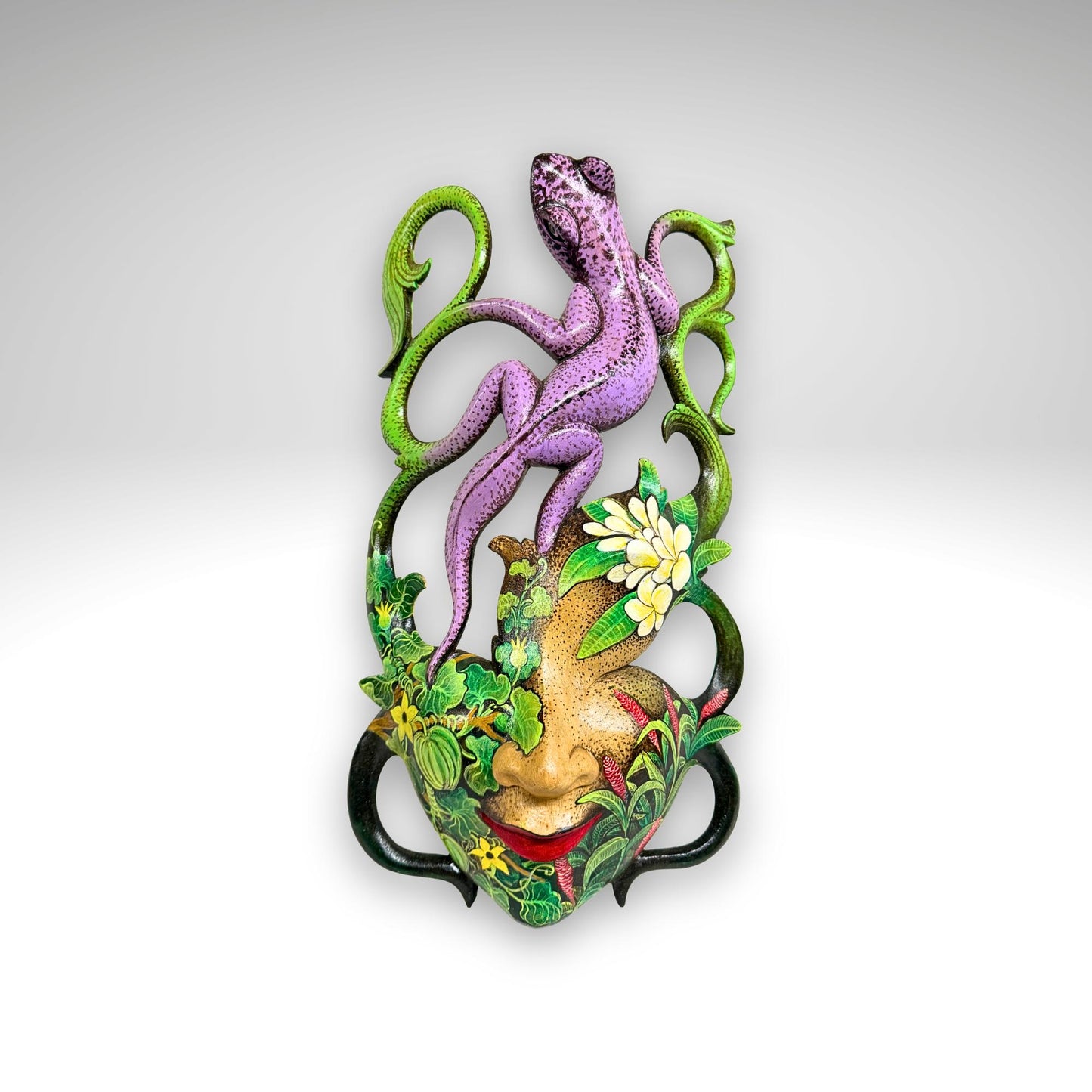 Balinese Carved Mask, Purple Gecko Goddess, Hand Painted Wood Carving Bali Wall Decor Art