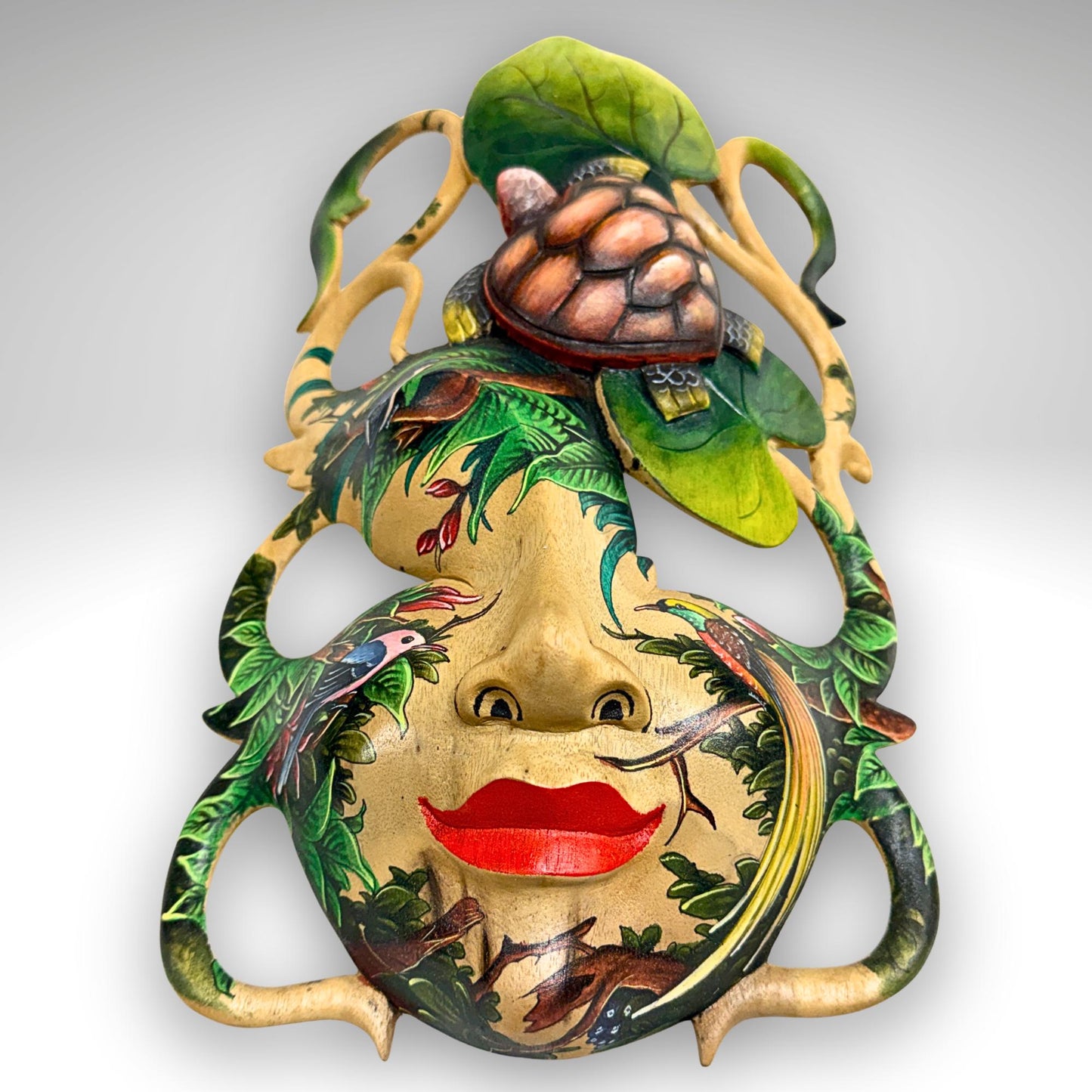 Balinese Abstract Carved Dream Mask, Hand Painted Sea Turtle,  Wall Art, Home Decor