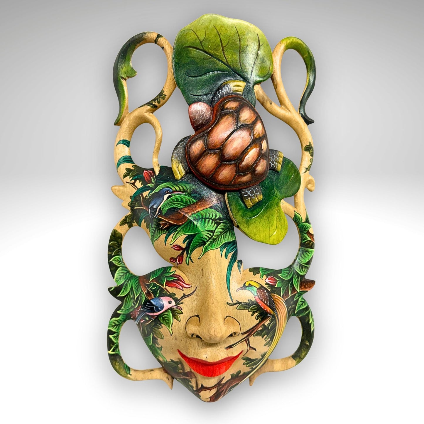 Balinese Abstract Carved Dream Mask, Hand Painted Sea Turtle,  Wall Art, Home Decor