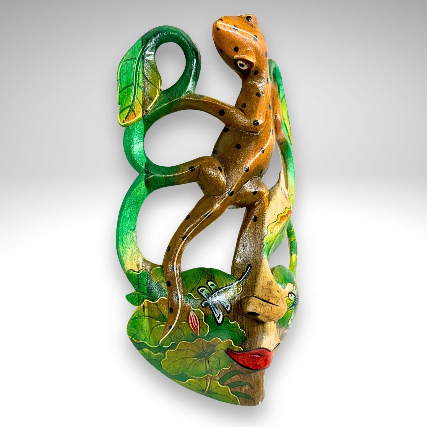 Carved Balinese Mask Leopard Gecko Dragonfly, Hand Painted Bali Art, Wood Carving