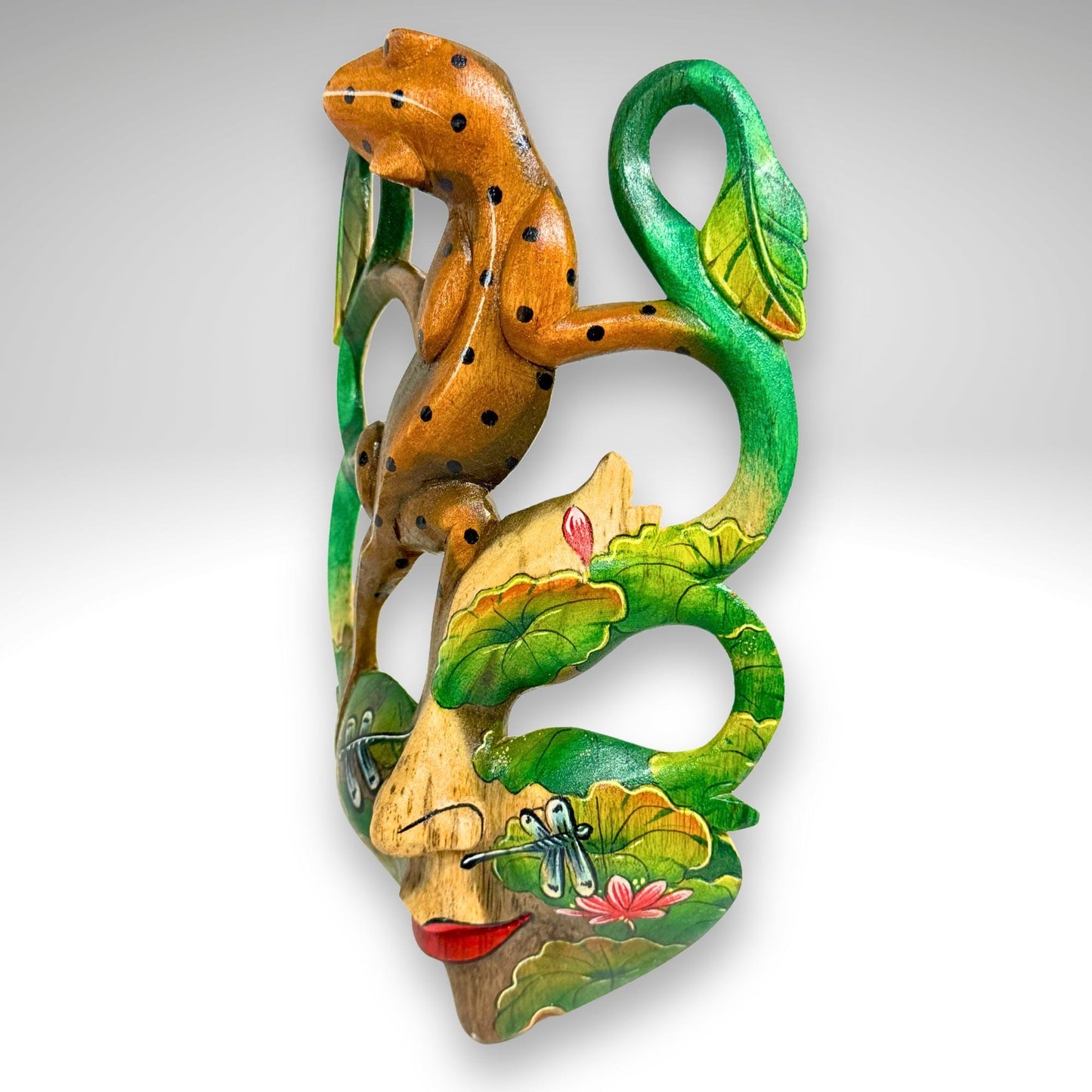 Carved Balinese Mask Leopard Gecko Dragonfly, Hand Painted Bali Art, Wood Carving