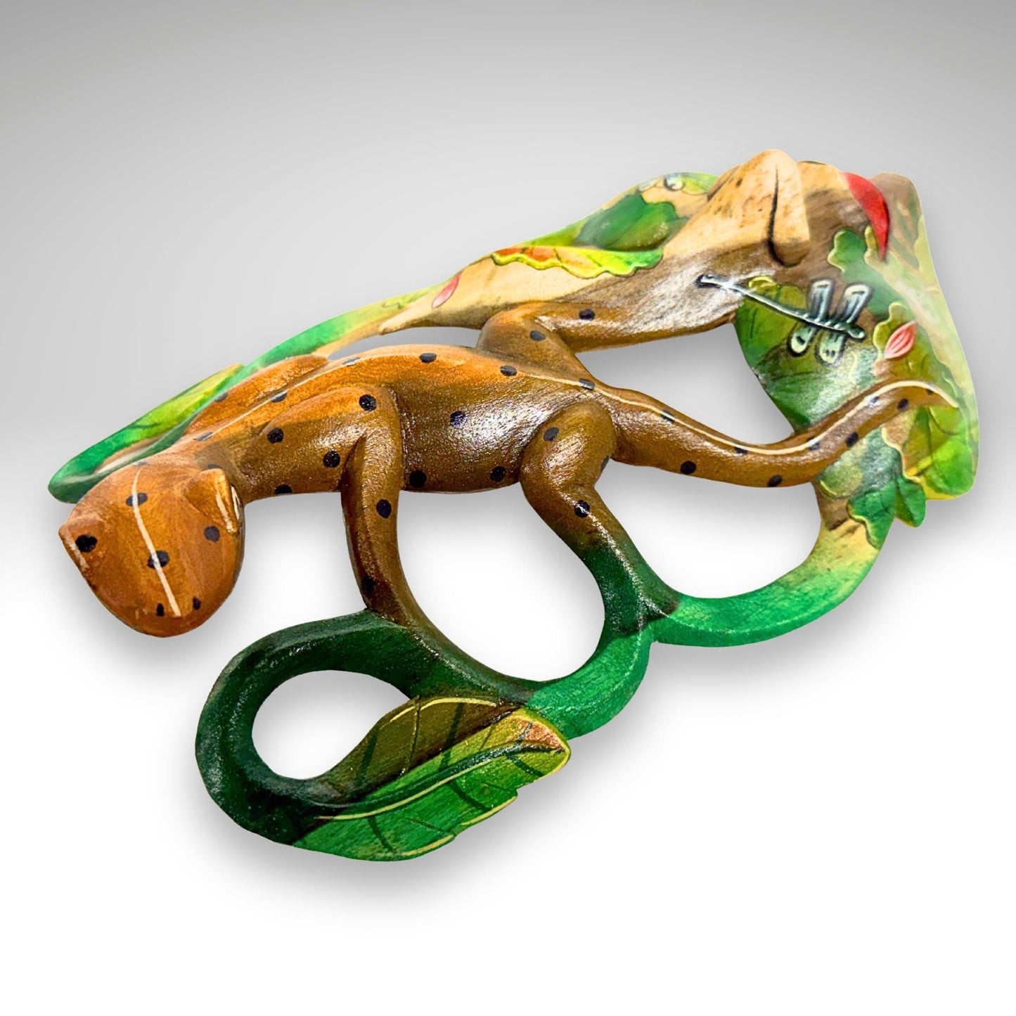 Carved Balinese Mask Leopard Gecko Dragonfly, Hand Painted Bali Art, Wood Carving