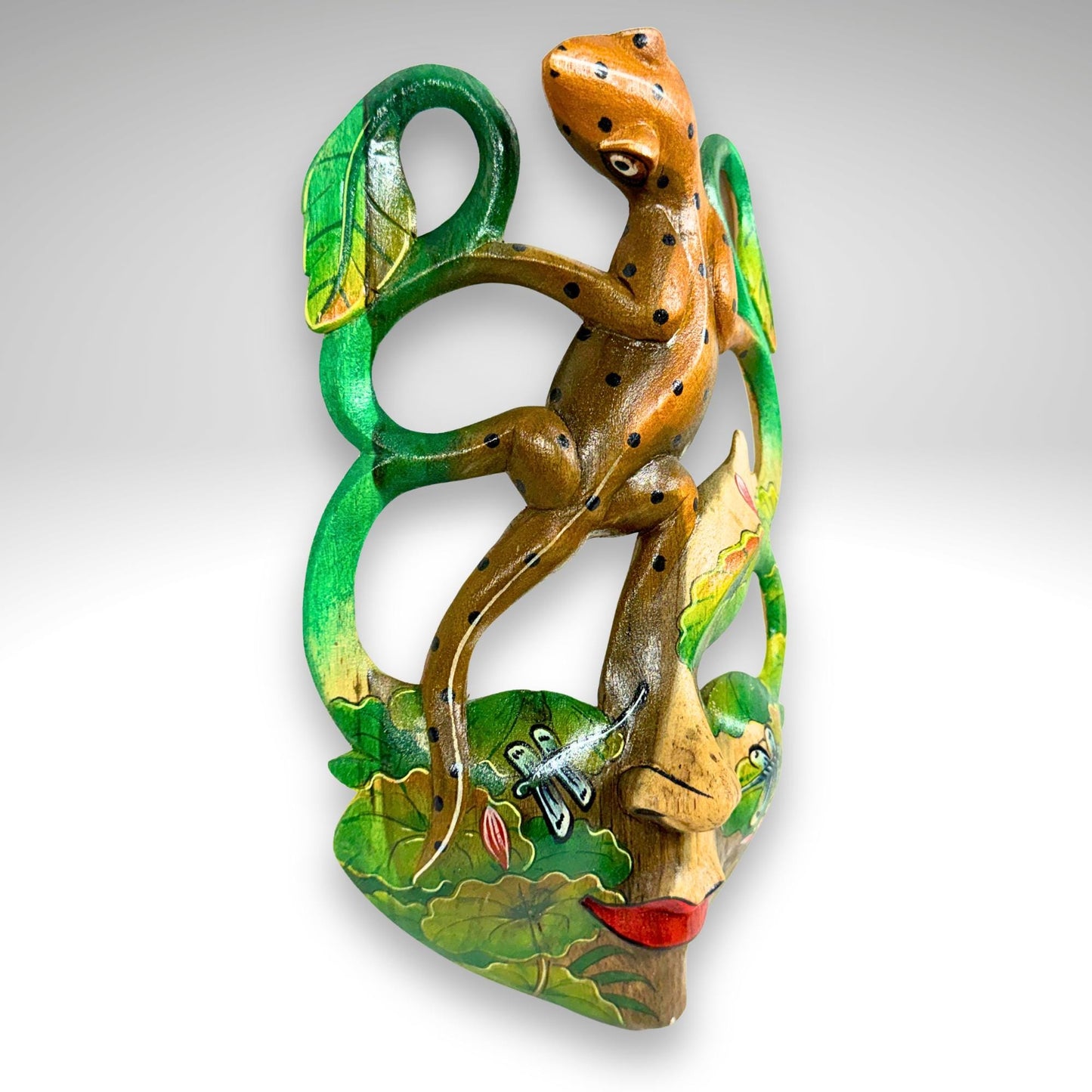 Carved Balinese Mask Leopard Gecko Dragonfly, Hand Painted Bali Art, Wood Carving