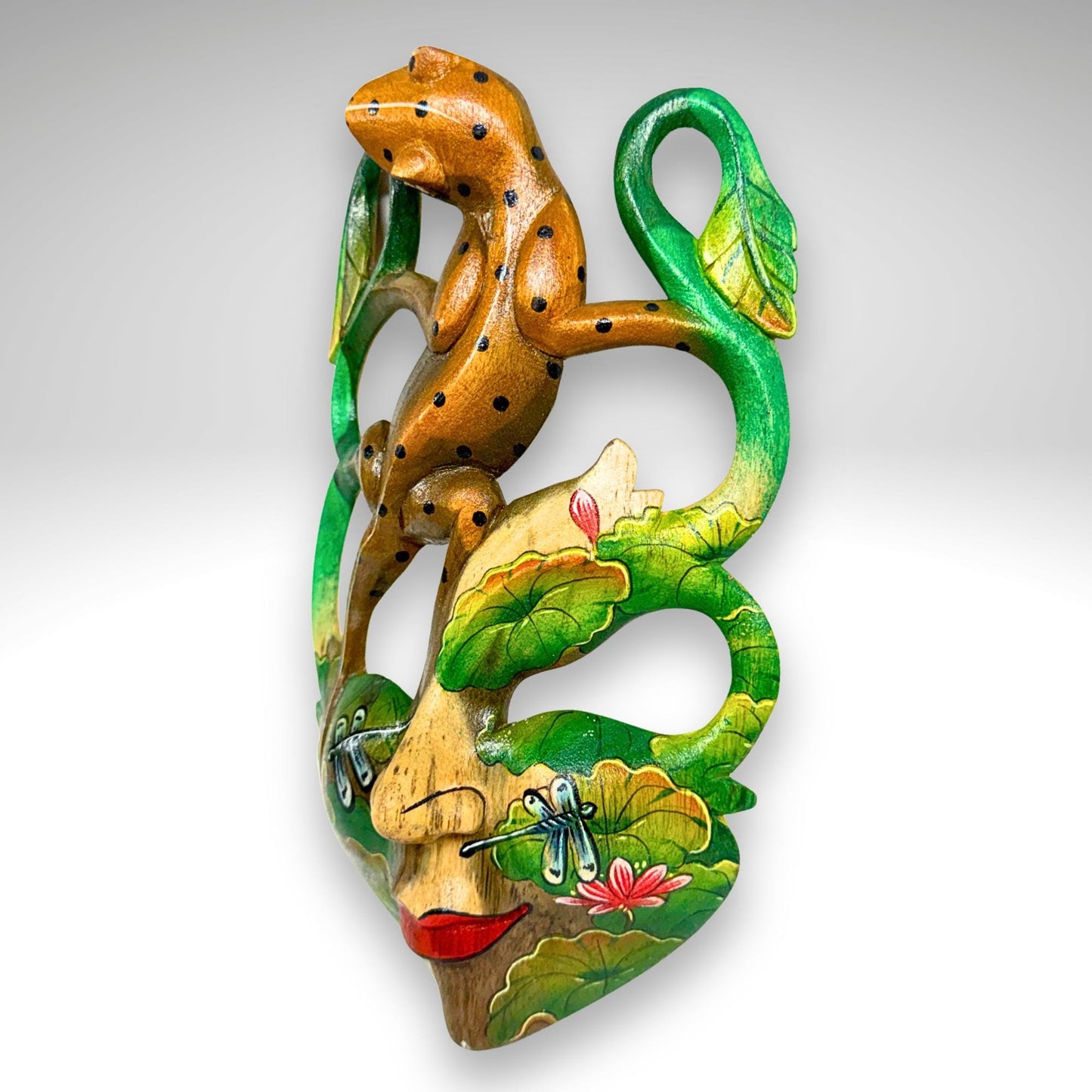 Carved Balinese Mask Leopard Gecko Dragonfly, Hand Painted Bali Art, Wood Carving