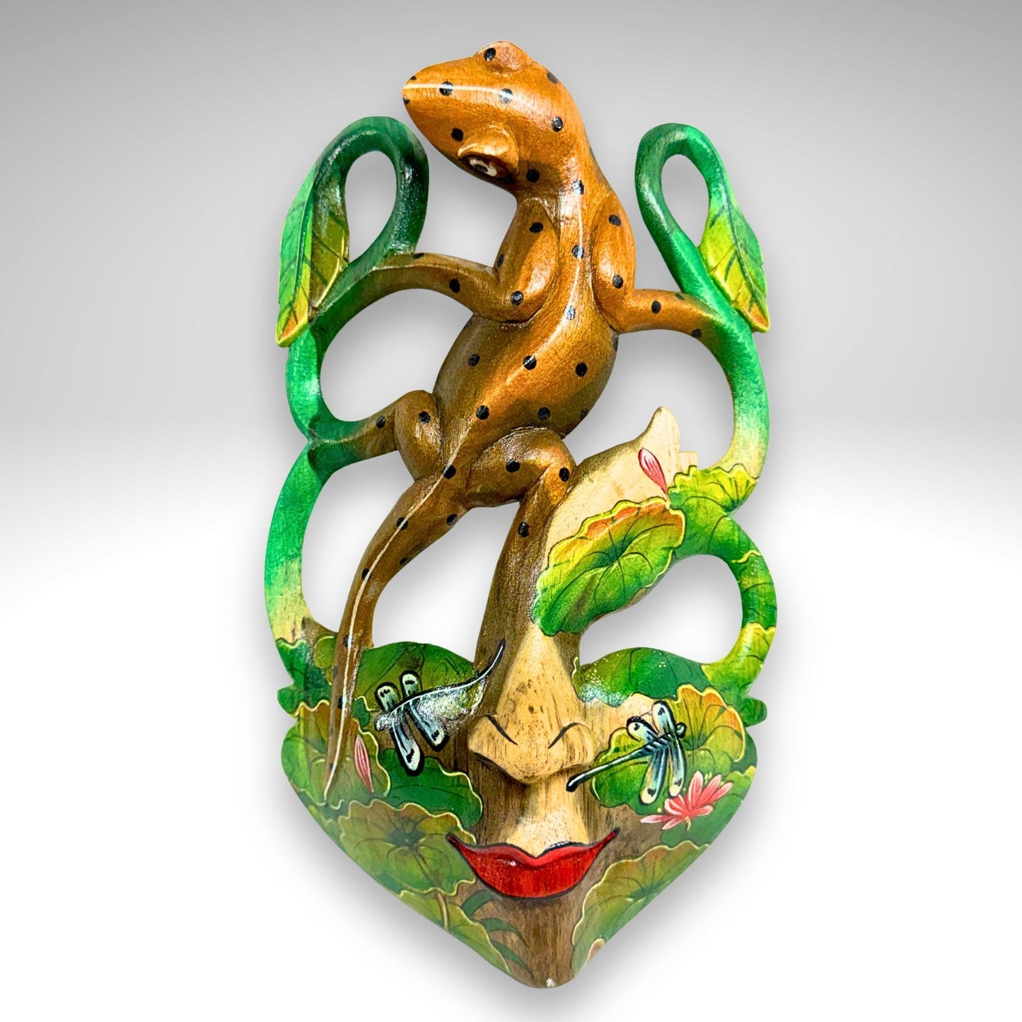 Carved Balinese Mask Leopard Gecko Dragonfly, Hand Painted Bali Art, Wood Carving