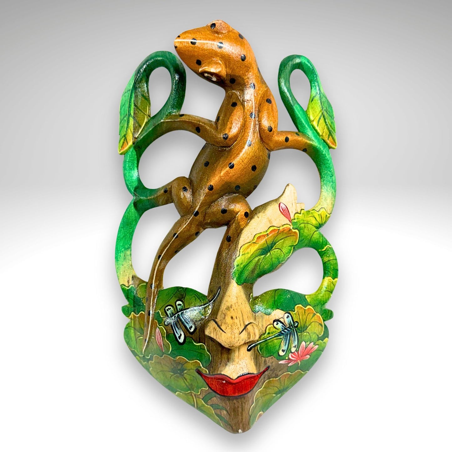 Carved Balinese Mask Leopard Gecko Dragonfly, Hand Painted Bali Art, Wood Carving