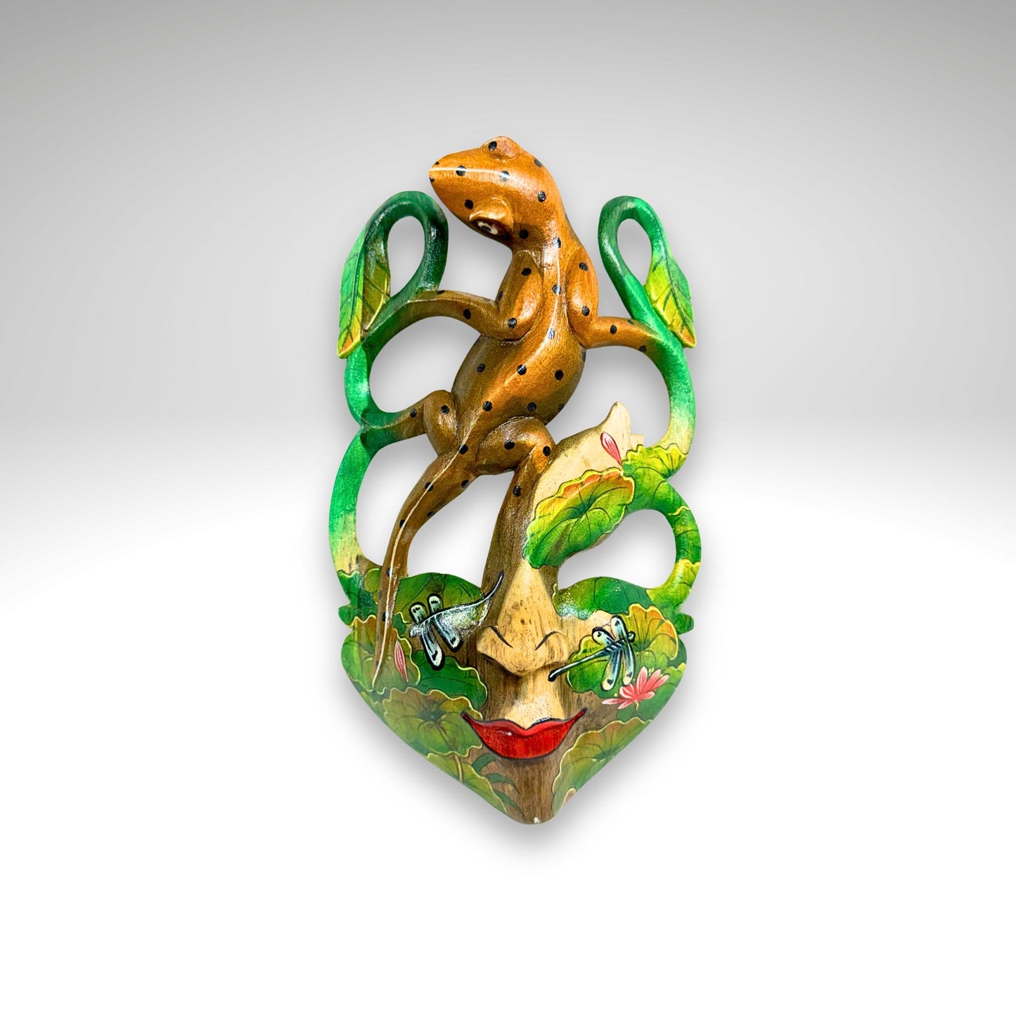 Carved Balinese Mask Leopard Gecko Dragonfly, Hand Painted Bali Art, Wood Carving