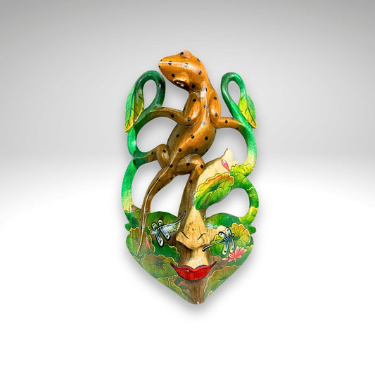 Carved Balinese Mask Leopard Gecko Dragonfly, Hand Painted Bali Art, Wood Carving