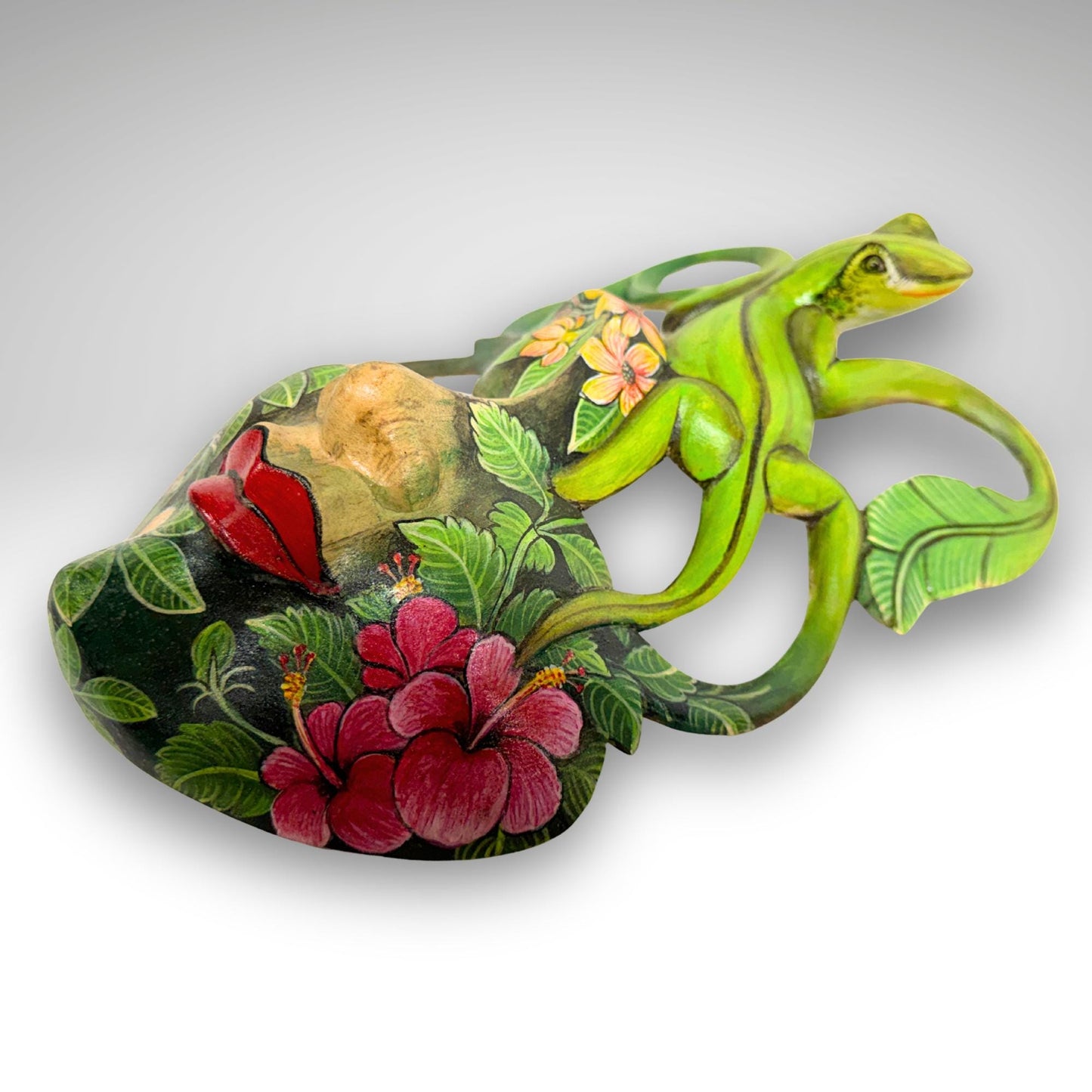 Carved Balinese Mask Leopard Gecko Dragonfly, Hand Painted Bali Art, Wood Carving