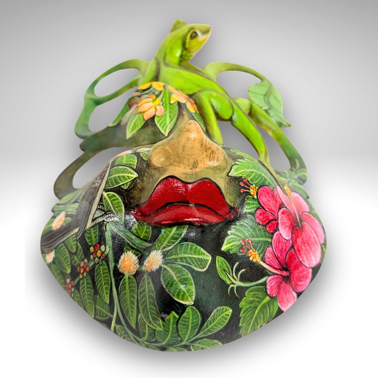 Carved Balinese Mask Leopard Gecko Dragonfly, Hand Painted Bali Art, Wood Carving