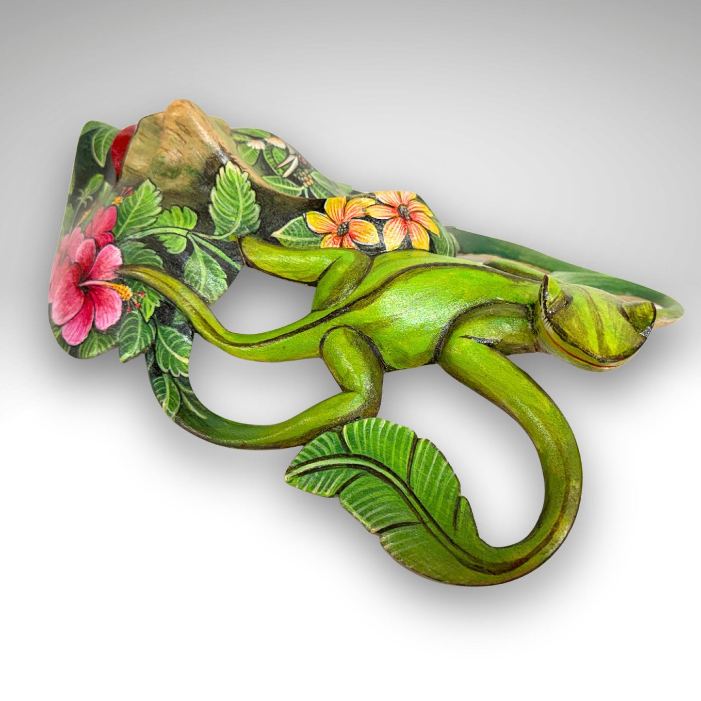 Carved Balinese Mask Leopard Gecko Dragonfly, Hand Painted Bali Art, Wood Carving