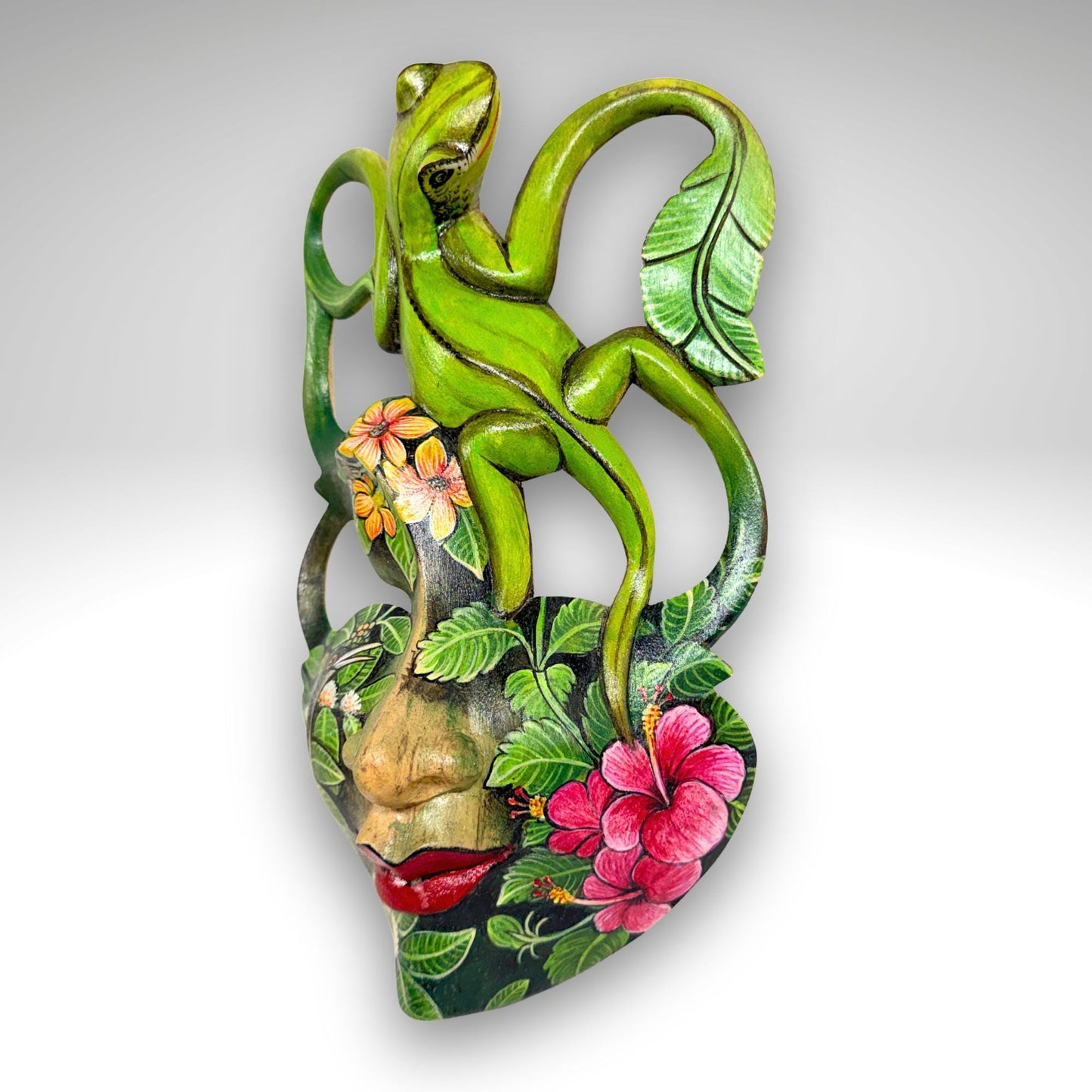 Carved Balinese Mask Leopard Gecko Dragonfly, Hand Painted Bali Art, Wood Carving