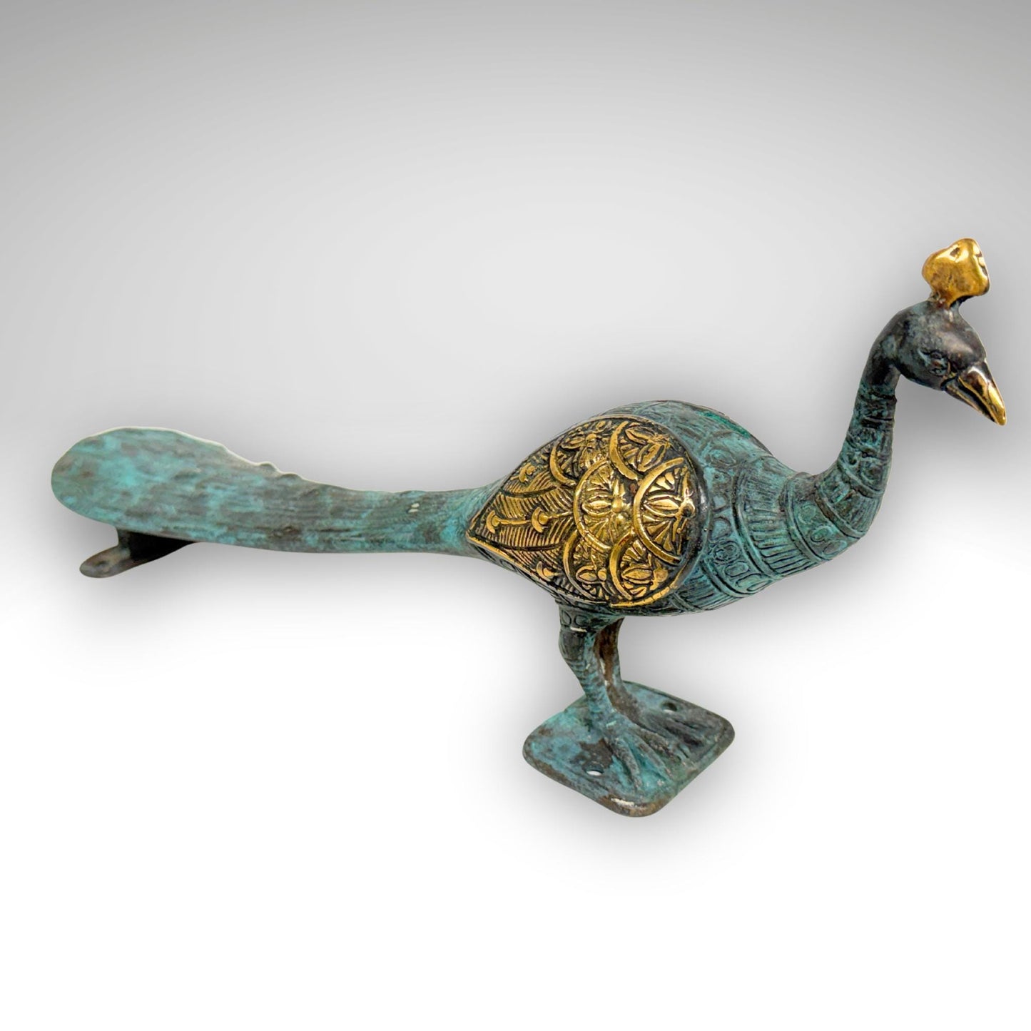 Balinese Peacock Door Handle: Solid Bronze Verdigris Patina, Eclectic Bali Decor