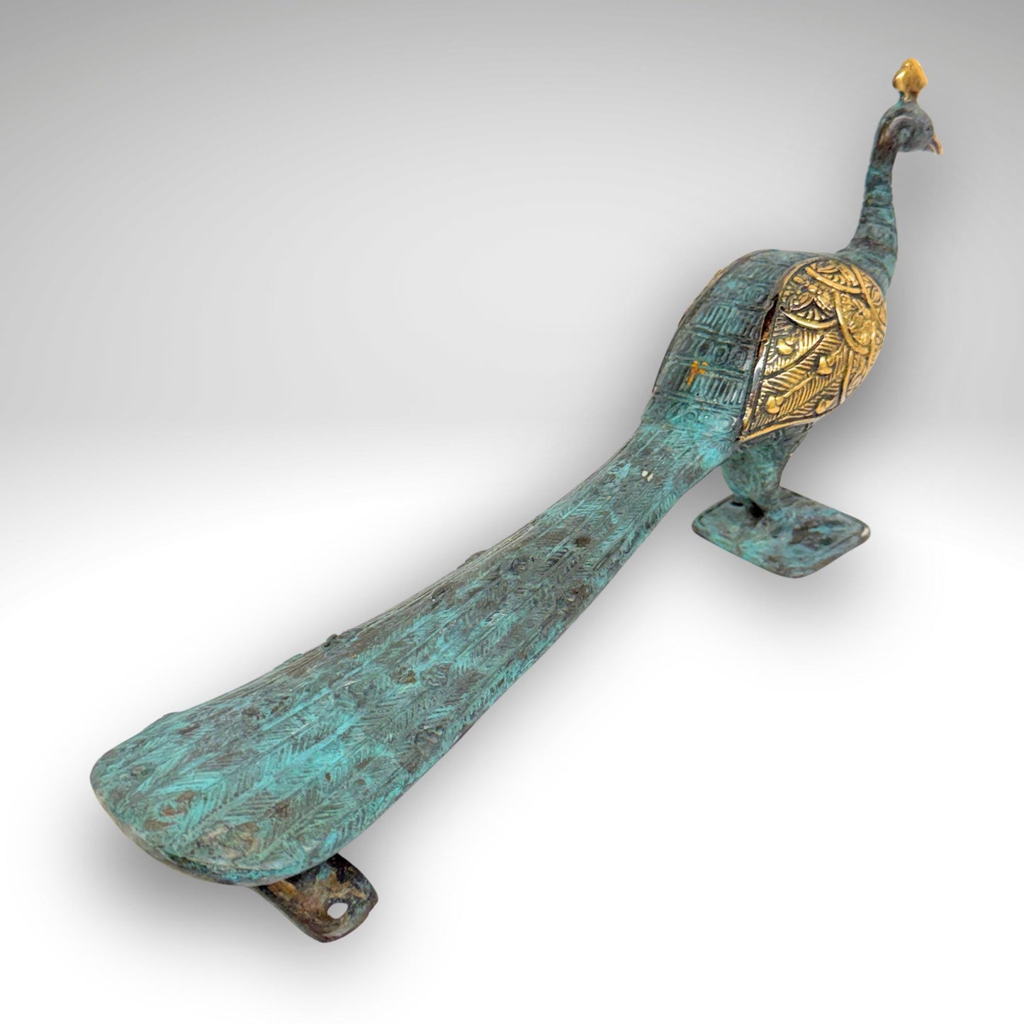 Balinese Peacock Door Handle: Solid Bronze Verdigris Patina, Eclectic Bali Decor
