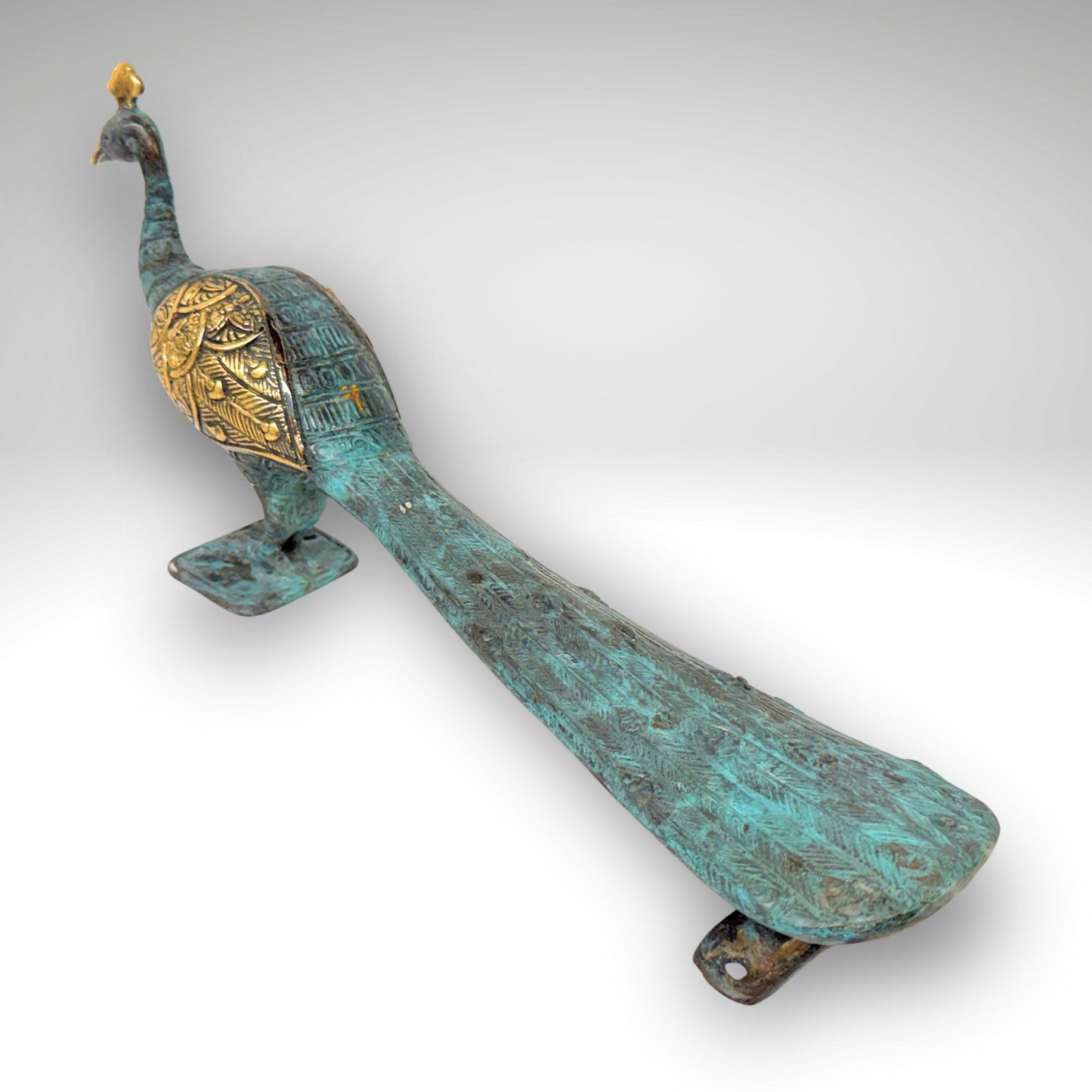 Balinese Peacock Door Handle: Solid Bronze Verdigris Patina, Eclectic Bali Decor