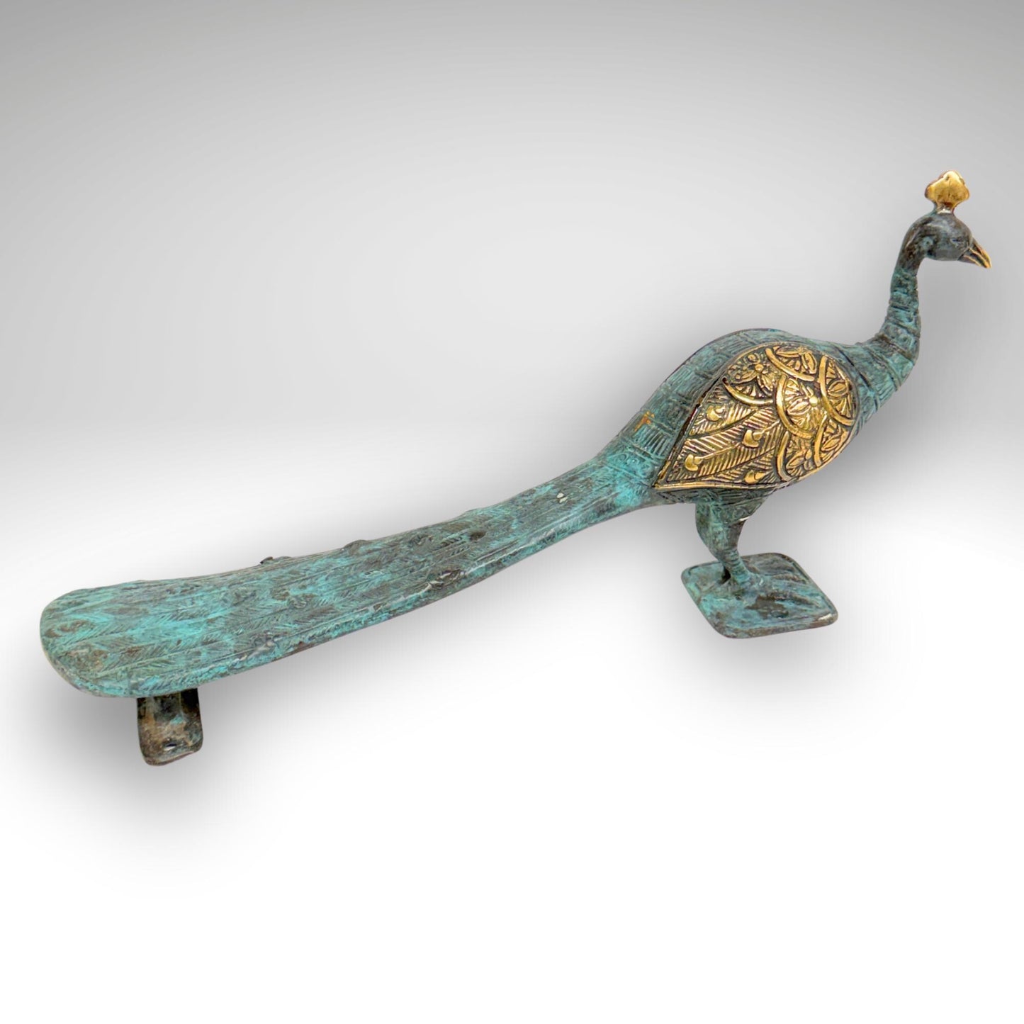Balinese Peacock Door Handle: Solid Bronze Verdigris Patina, Eclectic Bali Decor