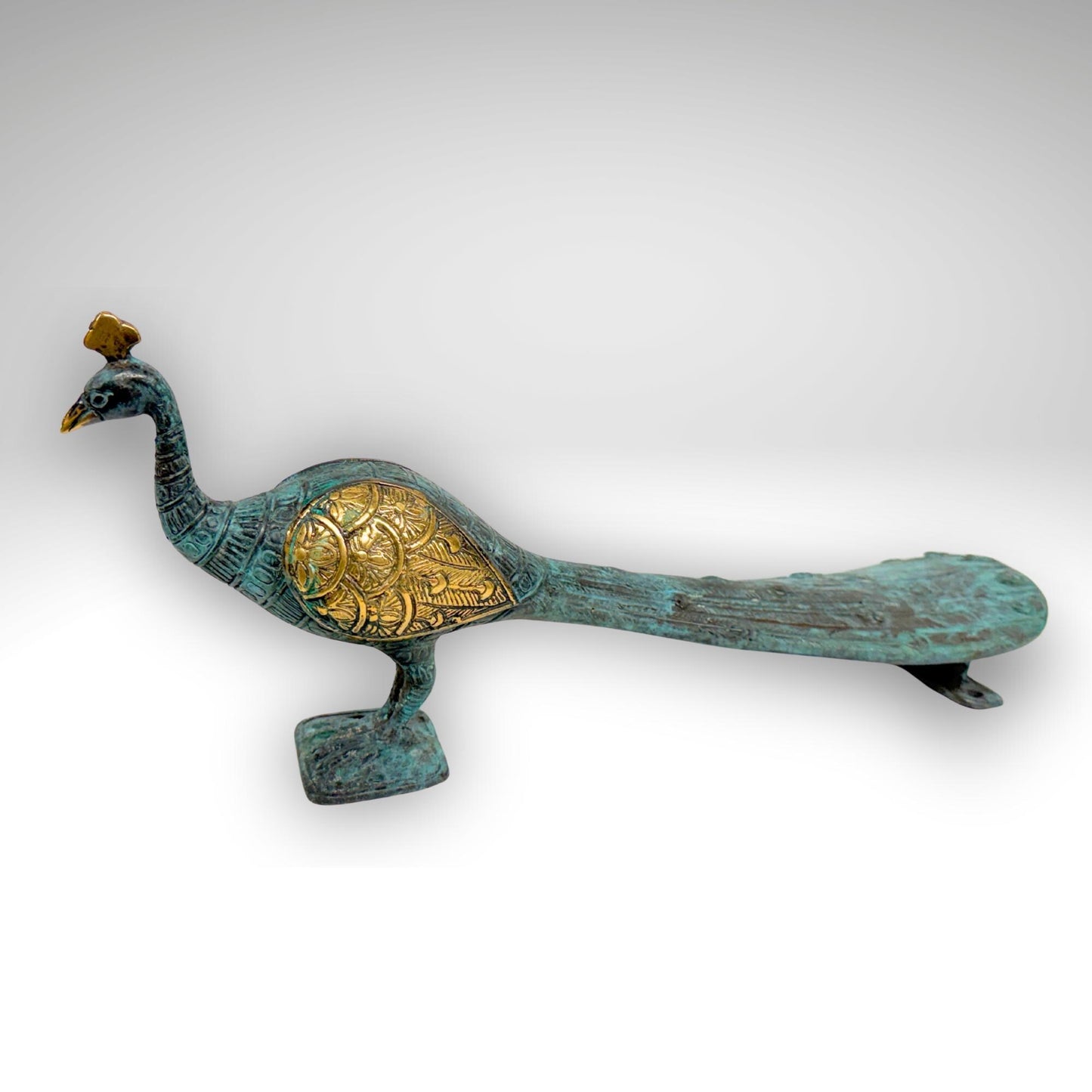 Balinese Peacock Door Handle: Solid Bronze Verdigris Patina, Eclectic Bali Decor