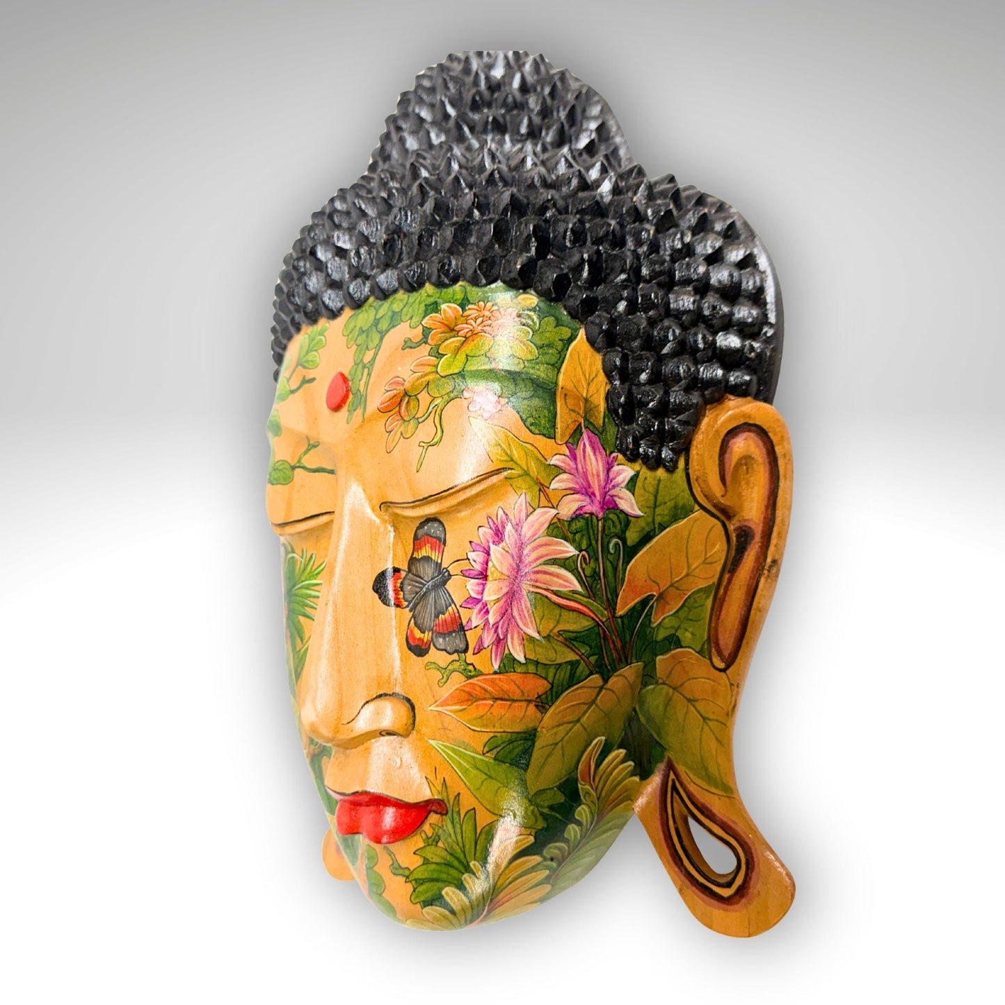 Balinese Hand Carved Wood Buddha Mask: Hand-Painted Wood Carving, Bali Wall art