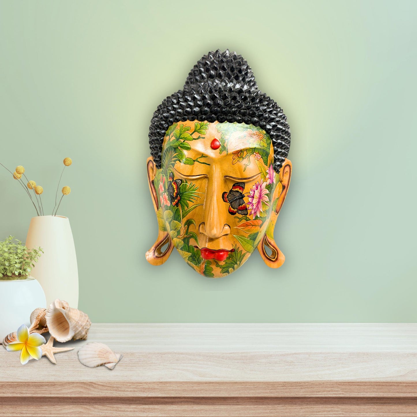 Balinese Hand Carved Wood Buddha Mask: Hand-Painted Wood Carving, Bali Wall art