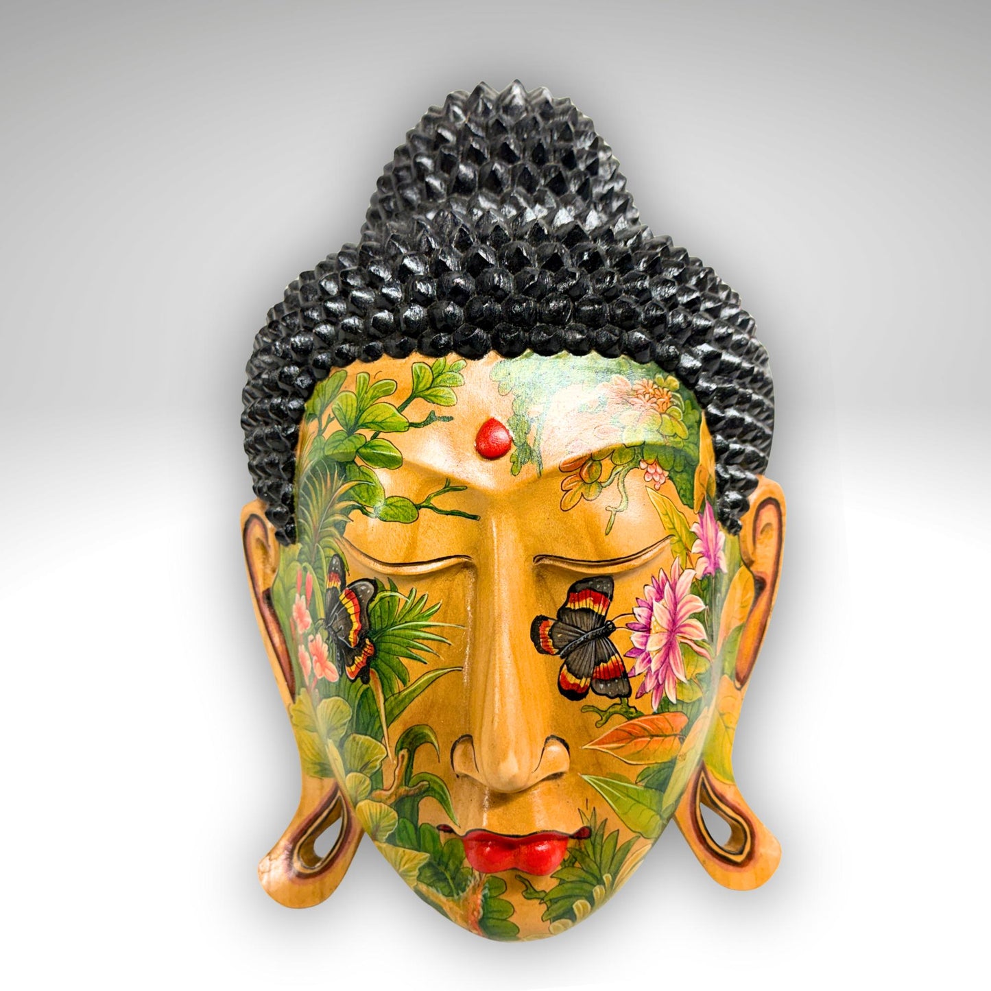 Balinese Hand Carved Wood Buddha Mask: Hand-Painted Wood Carving, Bali Wall art