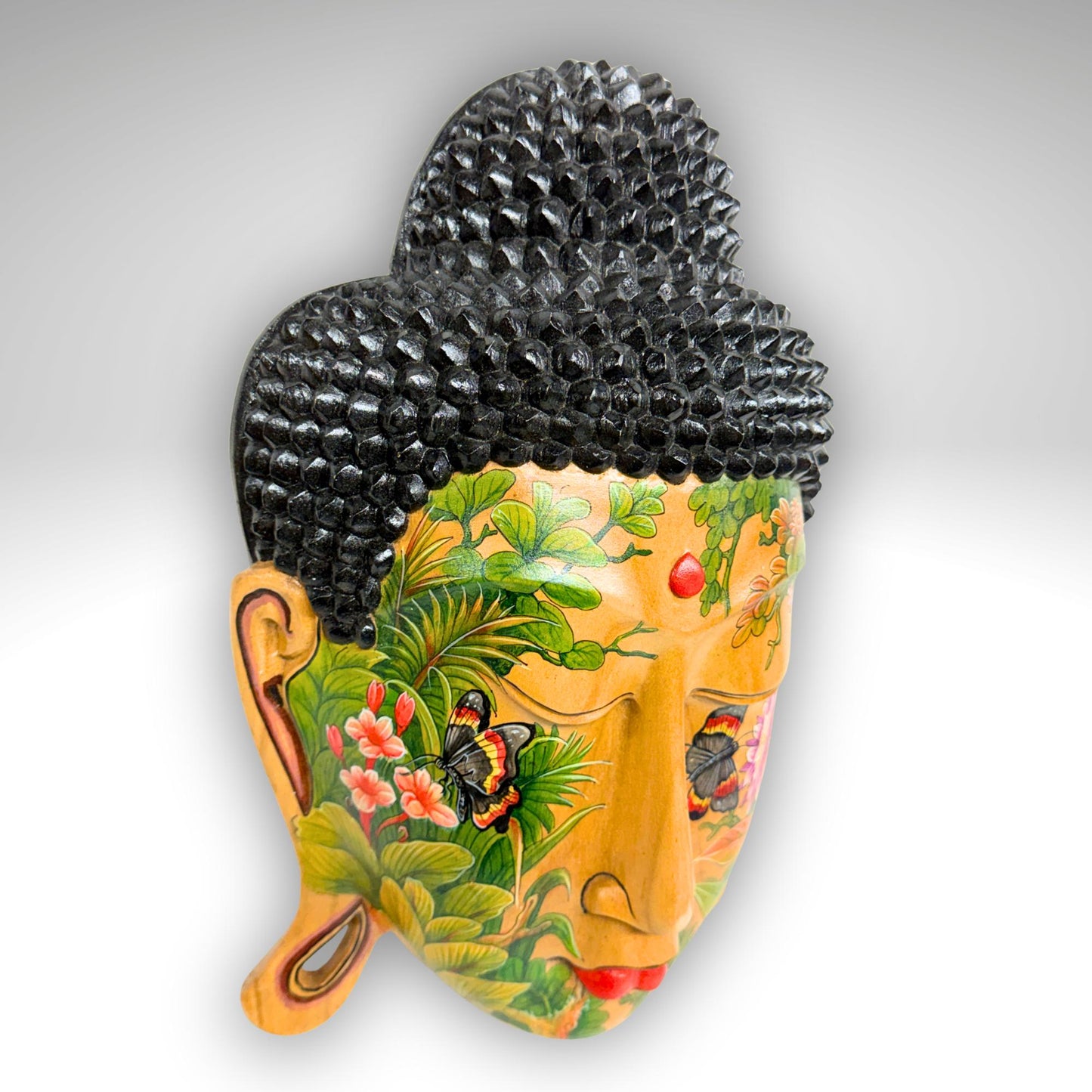 Balinese Hand Carved Wood Buddha Mask: Hand-Painted Wood Carving, Bali Wall art