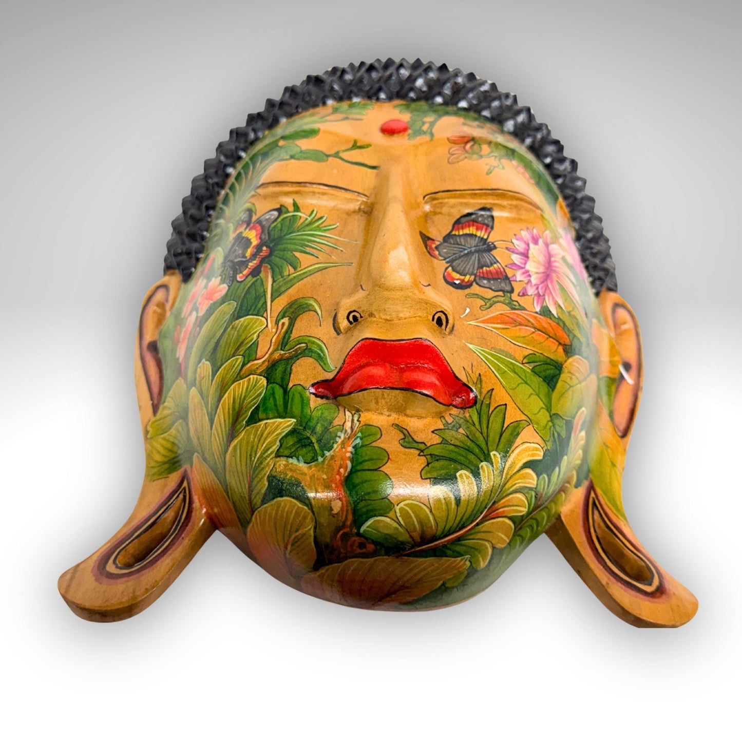 Balinese Hand Carved Wood Buddha Mask: Hand-Painted Wood Carving, Bali Wall art