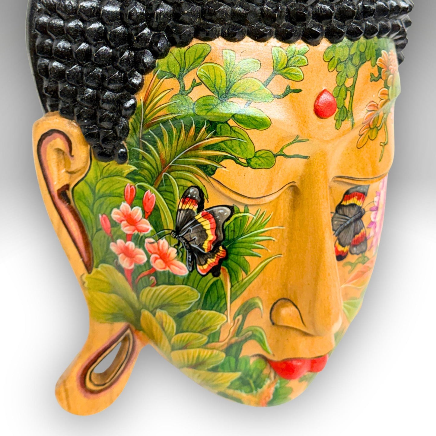 Balinese Hand Carved Wood Buddha Mask: Hand-Painted Wood Carving, Bali Wall art