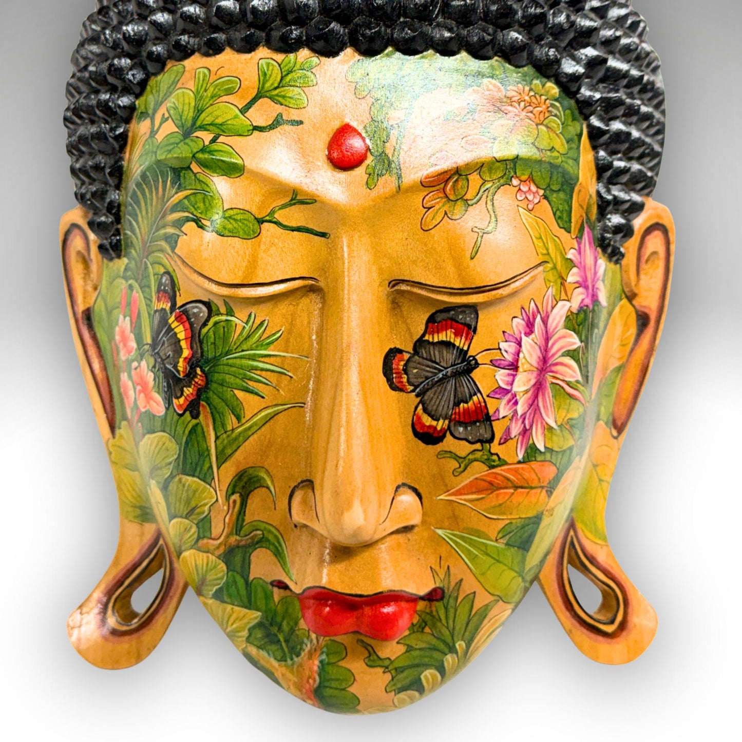 Balinese Hand Carved Wood Buddha Mask: Hand-Painted Wood Carving, Bali Wall art