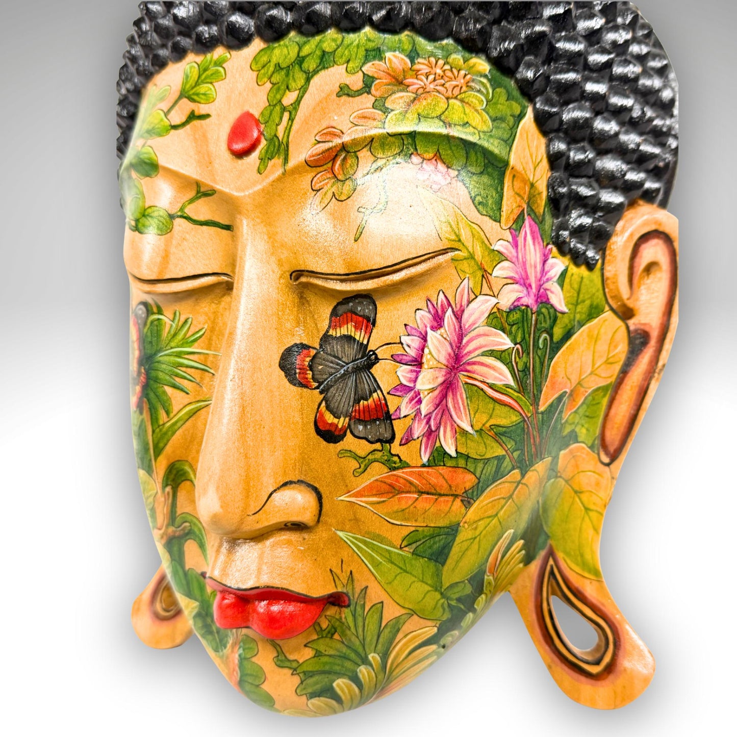Balinese Hand Carved Wood Buddha Mask: Hand-Painted Wood Carving, Bali Wall art
