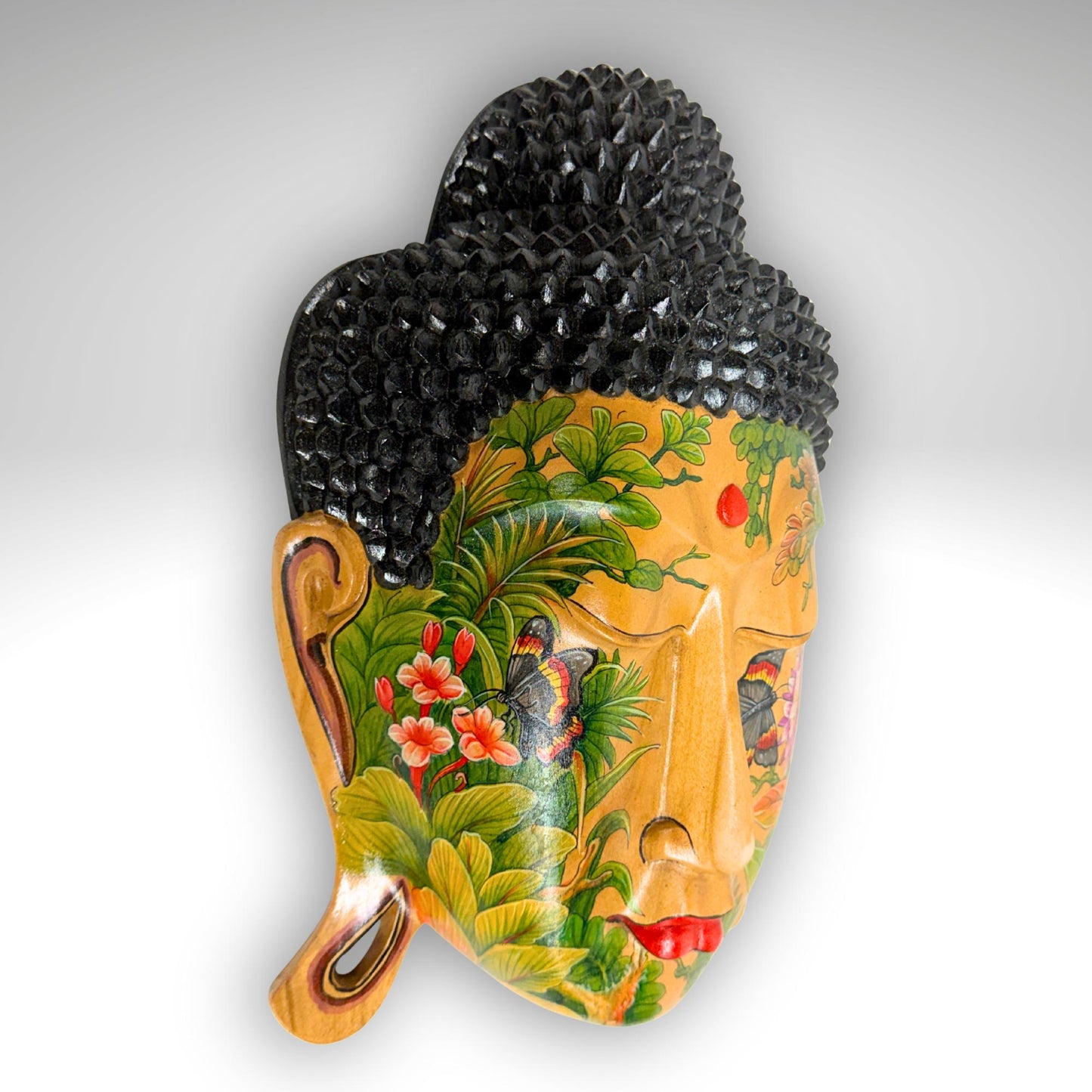 Balinese Hand Carved Wood Buddha Mask: Hand-Painted Wood Carving, Bali Wall art