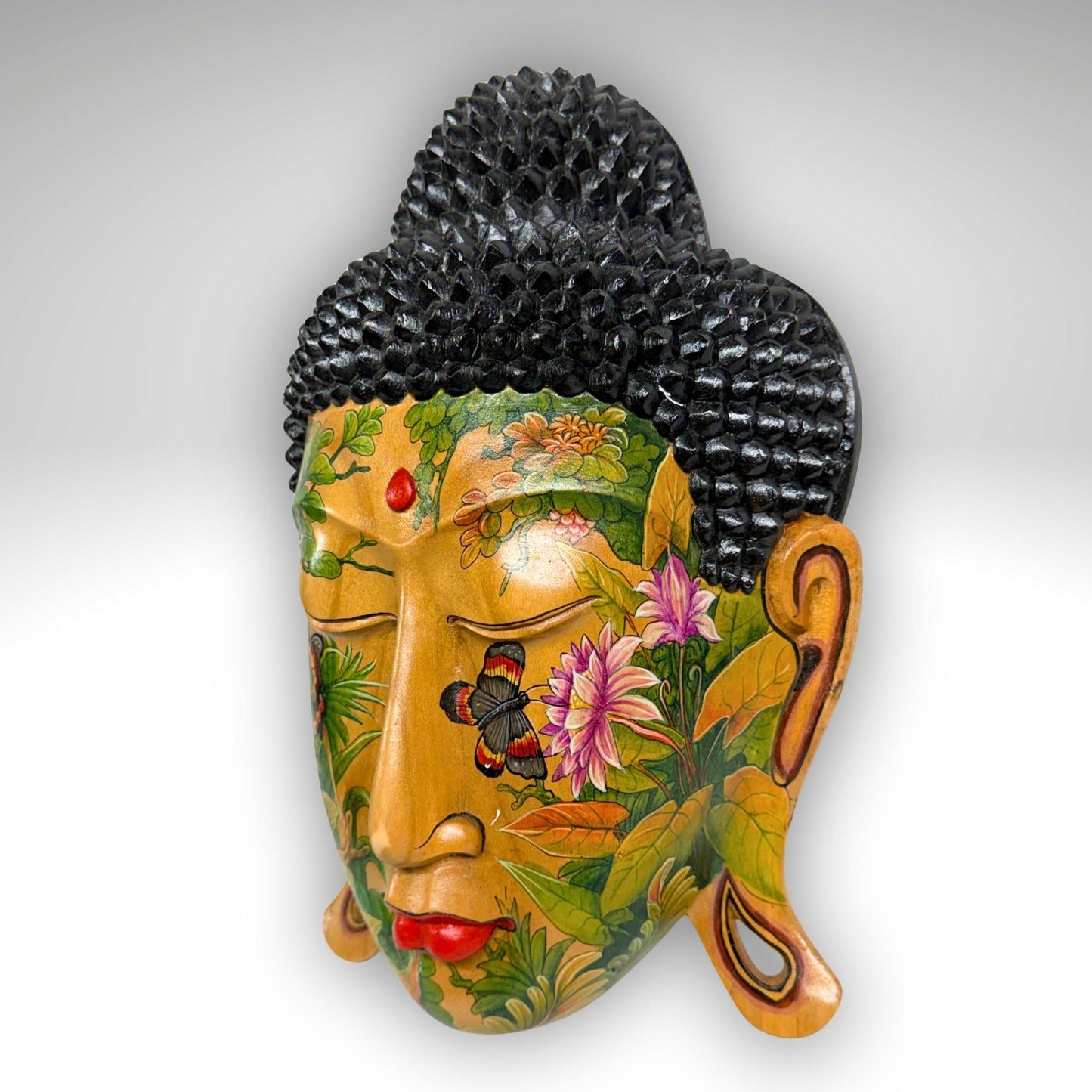 Balinese Hand Carved Wood Buddha Mask: Hand-Painted Wood Carving, Bali Wall art