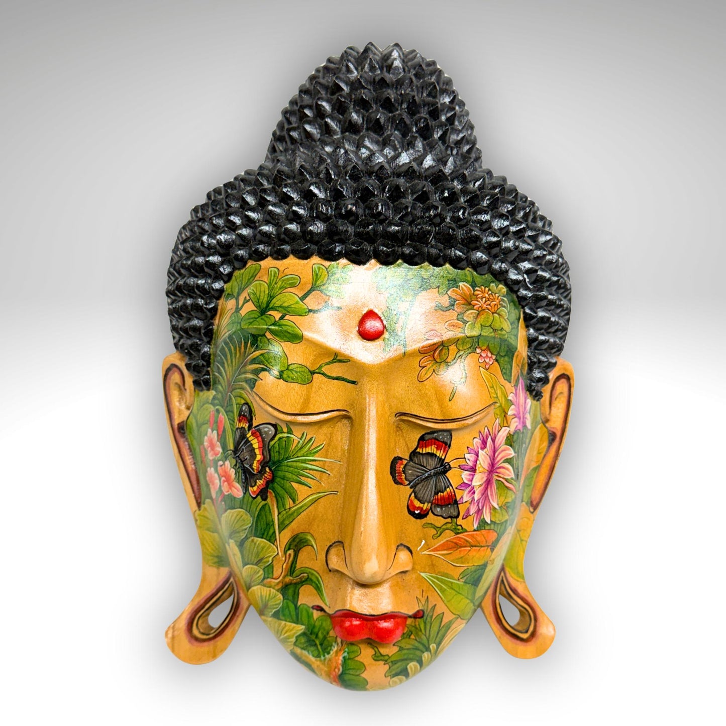 Balinese Hand Carved Wood Buddha Mask: Hand-Painted Wood Carving, Bali Wall art