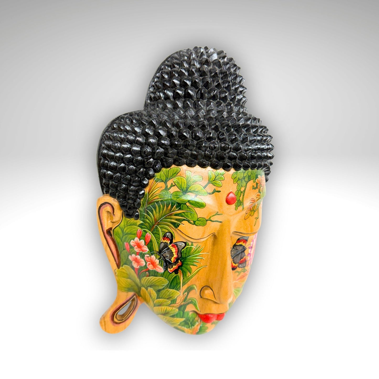 Balinese Hand Carved Wood Buddha Mask: Hand-Painted Wood Carving, Bali Wall art