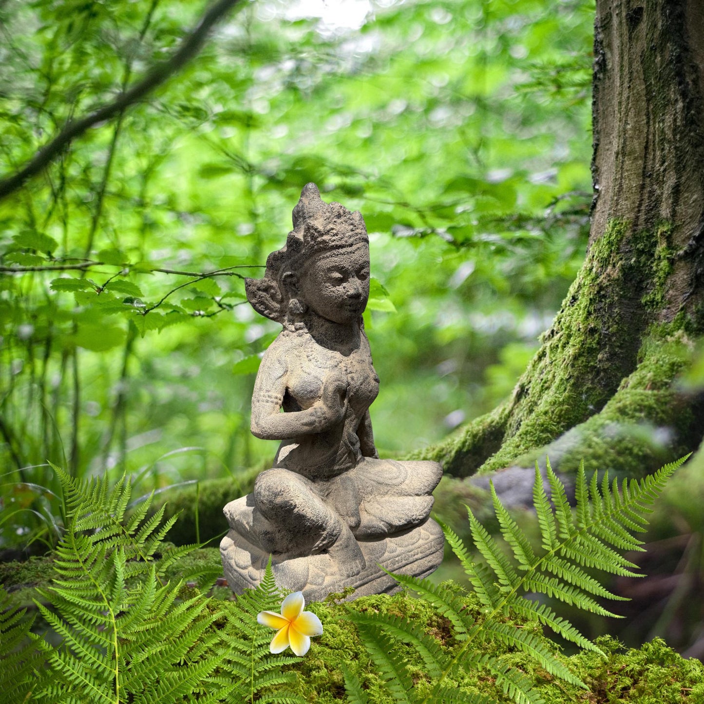 Seated Water Moon Guanyin Statue Hand Cast Lava Stone Sculpture Buddhist Art (14" Tall)