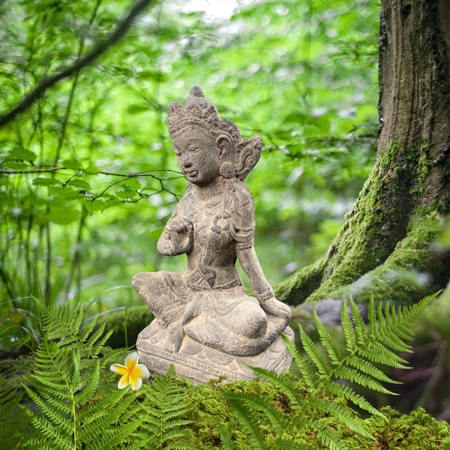 Seated Water Moon Guanyin Statue Hand Cast Lava Stone Sculpture Buddhist Art (14" Tall)