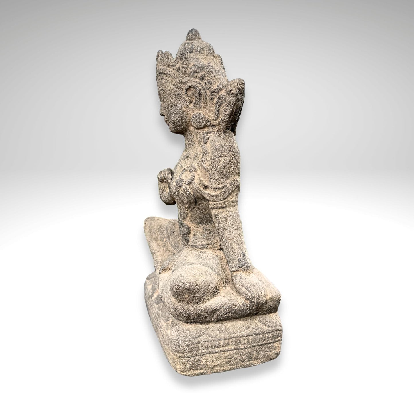 Seated Water Moon Guanyin Statue Hand Cast Lava Stone Sculpture Buddhist Art (14" Tall)