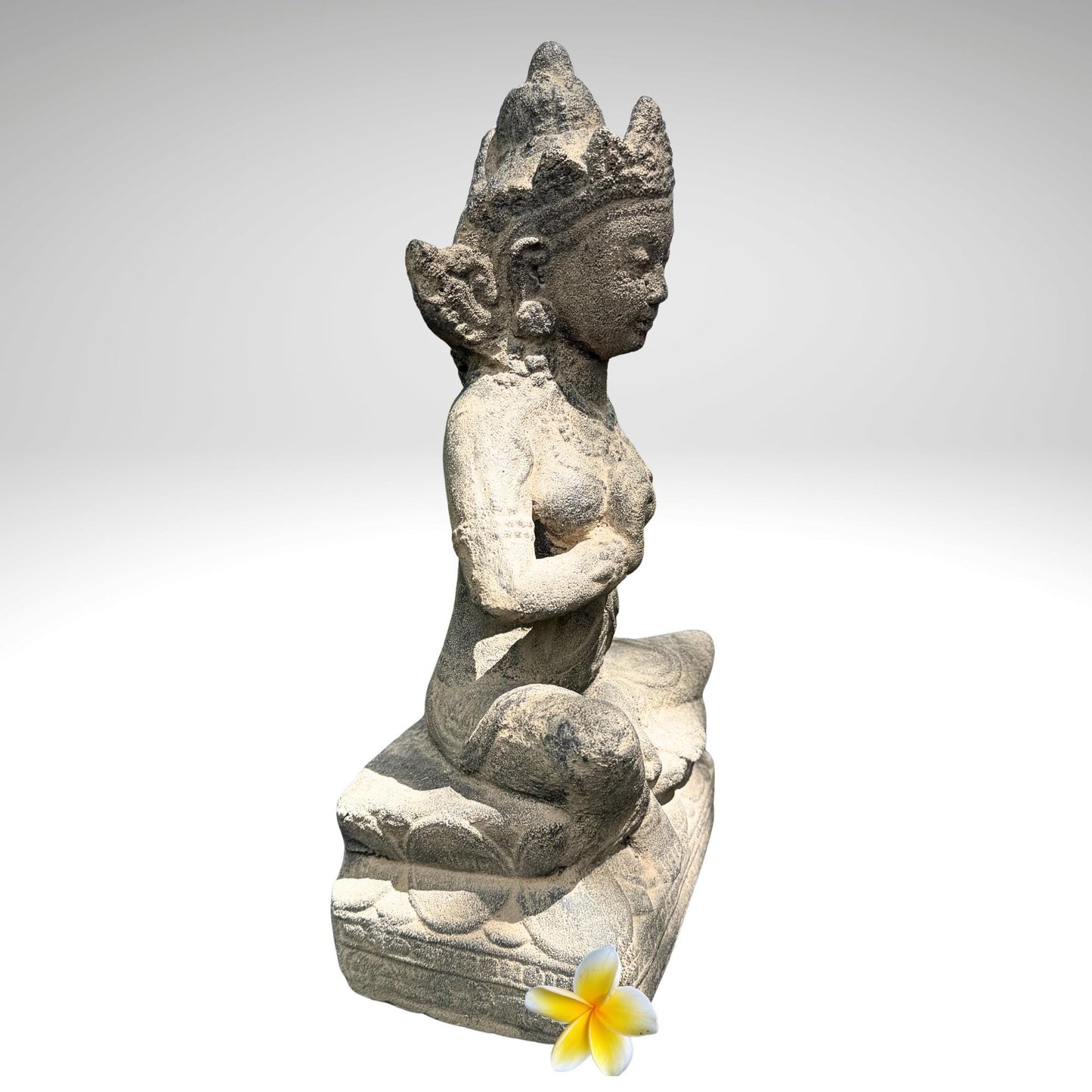 Seated Water Moon Guanyin Statue Hand Cast Lava Stone Sculpture Buddhist Art (14" Tall)