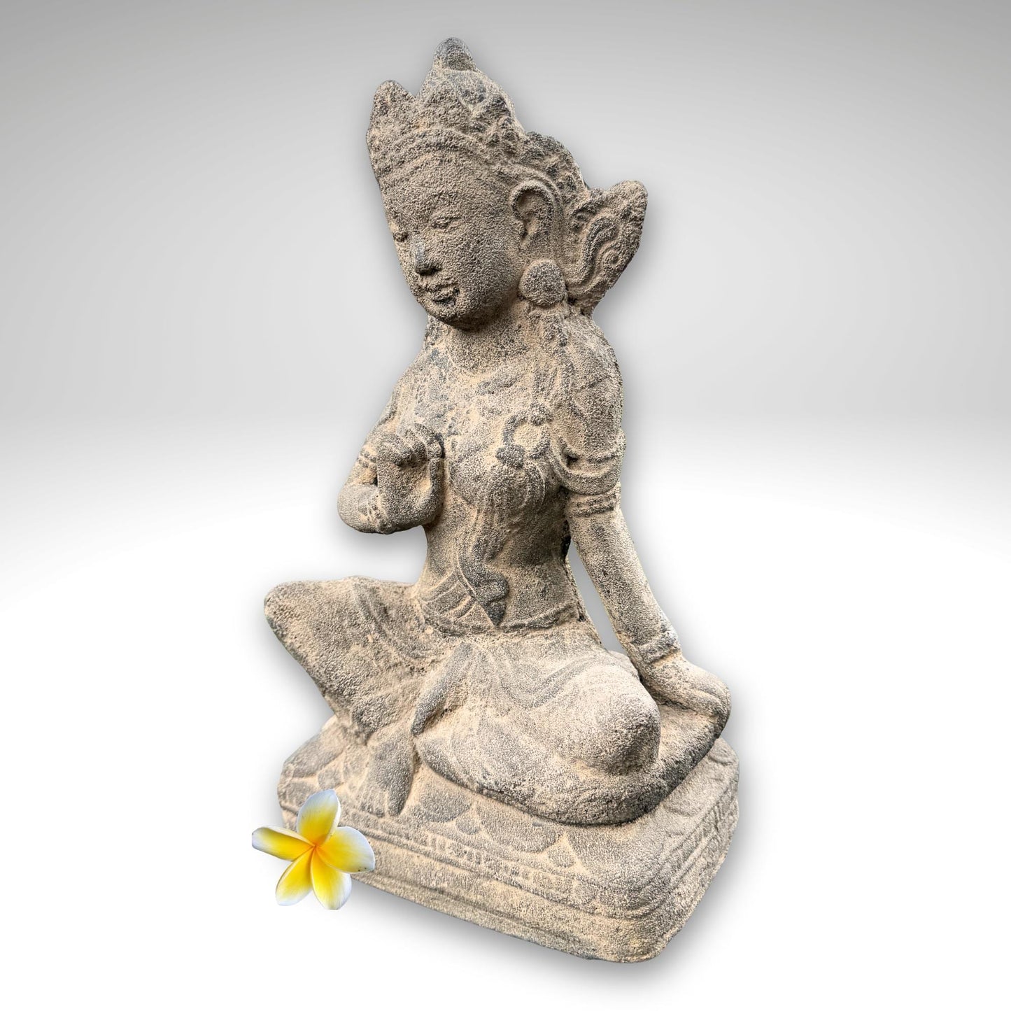 Seated Water Moon Guanyin Statue Hand Cast Lava Stone Sculpture Buddhist Art (14" Tall)