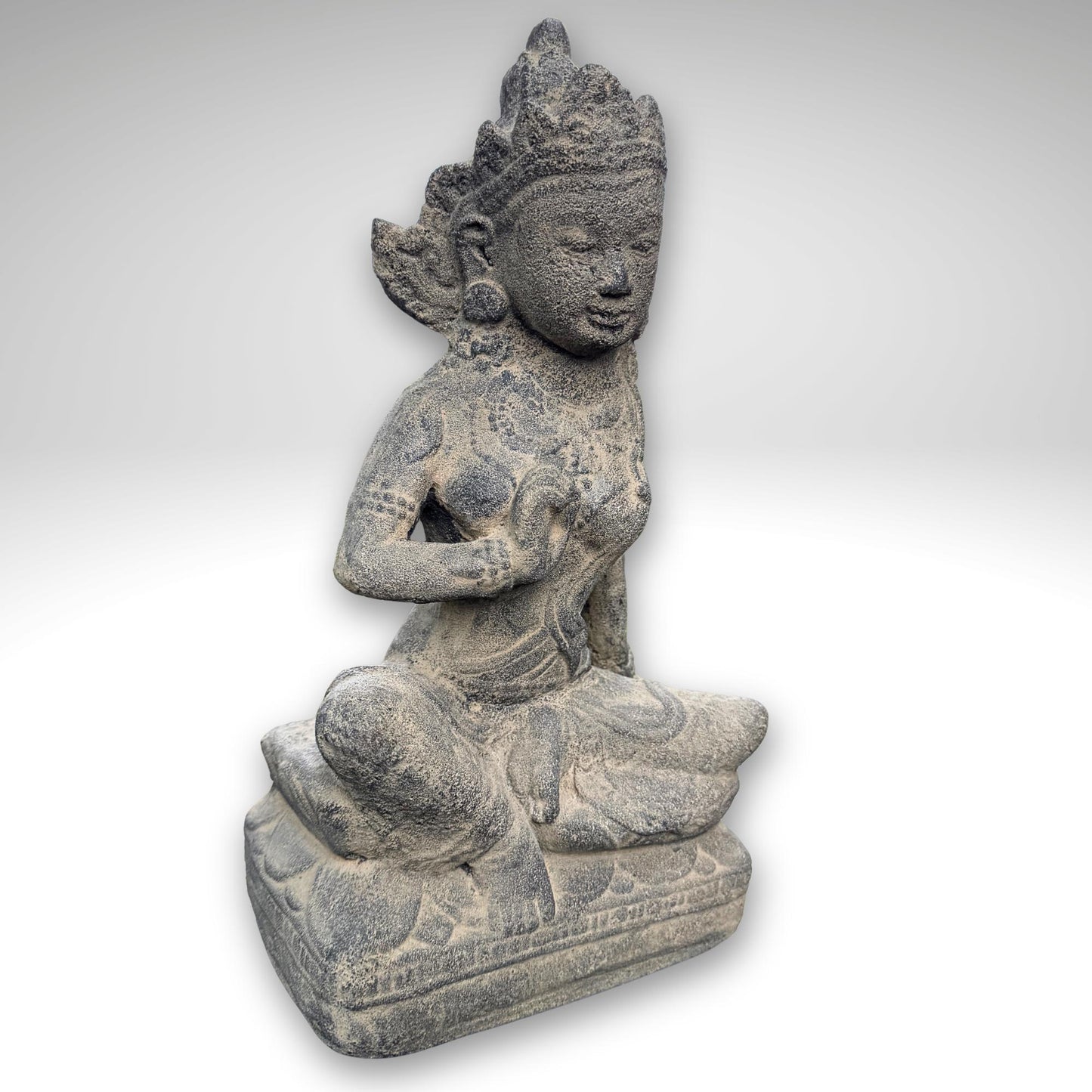Seated Water Moon Guanyin Statue Hand Cast Lava Stone Sculpture Buddhist Art (14" Tall)