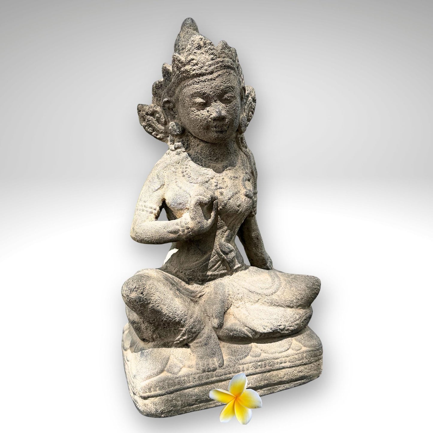 Seated Water Moon Guanyin Statue Hand Cast Lava Stone Sculpture Buddhist Art (14" Tall)