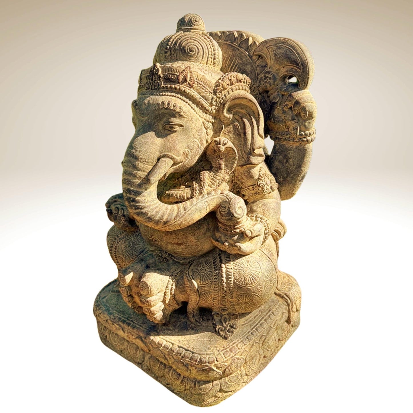 Ganesha Garden Statue: Hand-Cast Lava Stone Sculpture