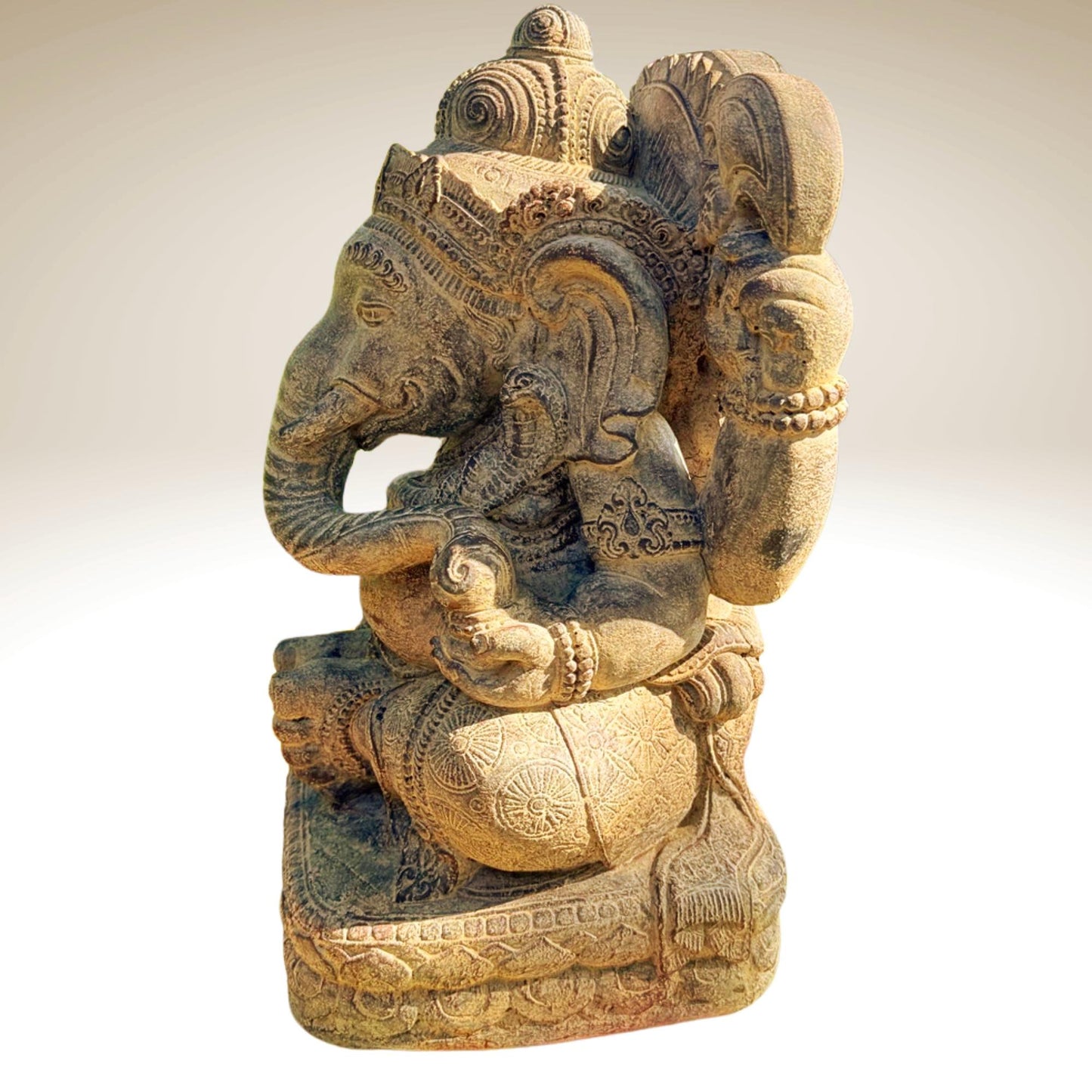 Ganesha Garden Statue: Hand-Cast Lava Stone Sculpture