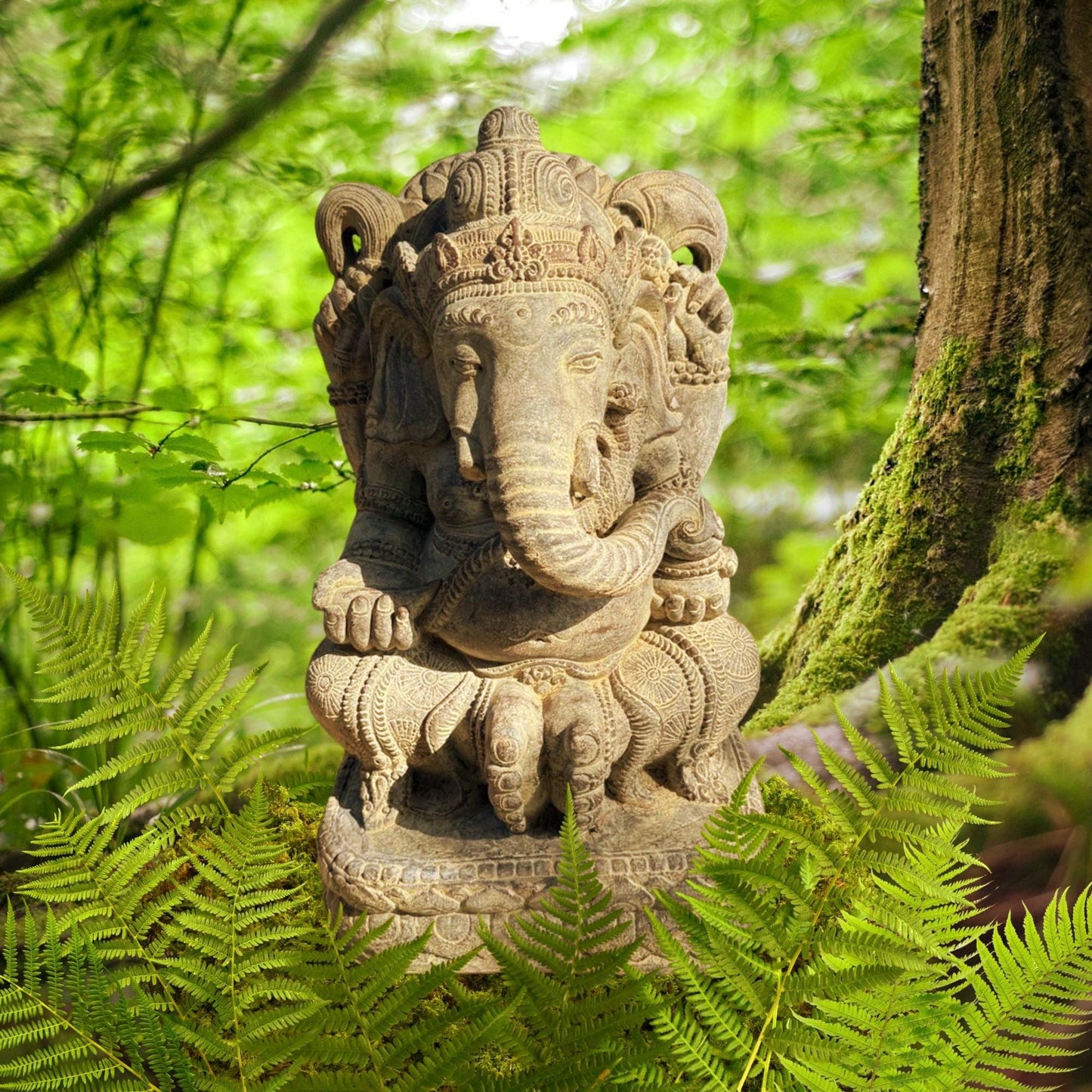 Ganesha Garden Statue: Hand-Cast Lava Stone Sculpture